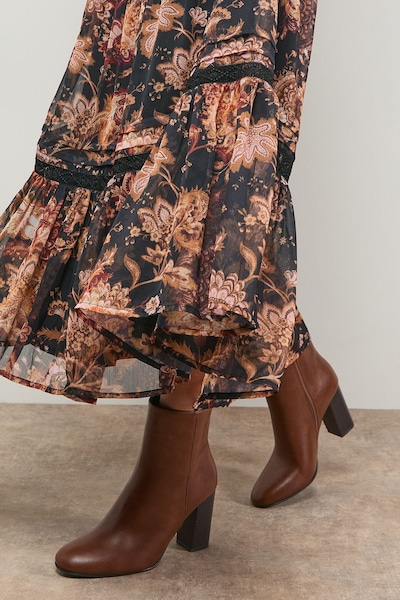 Oasis Louisa Faux Leather Round Toe Stacked High Heel Ankle Boots Dark Tan