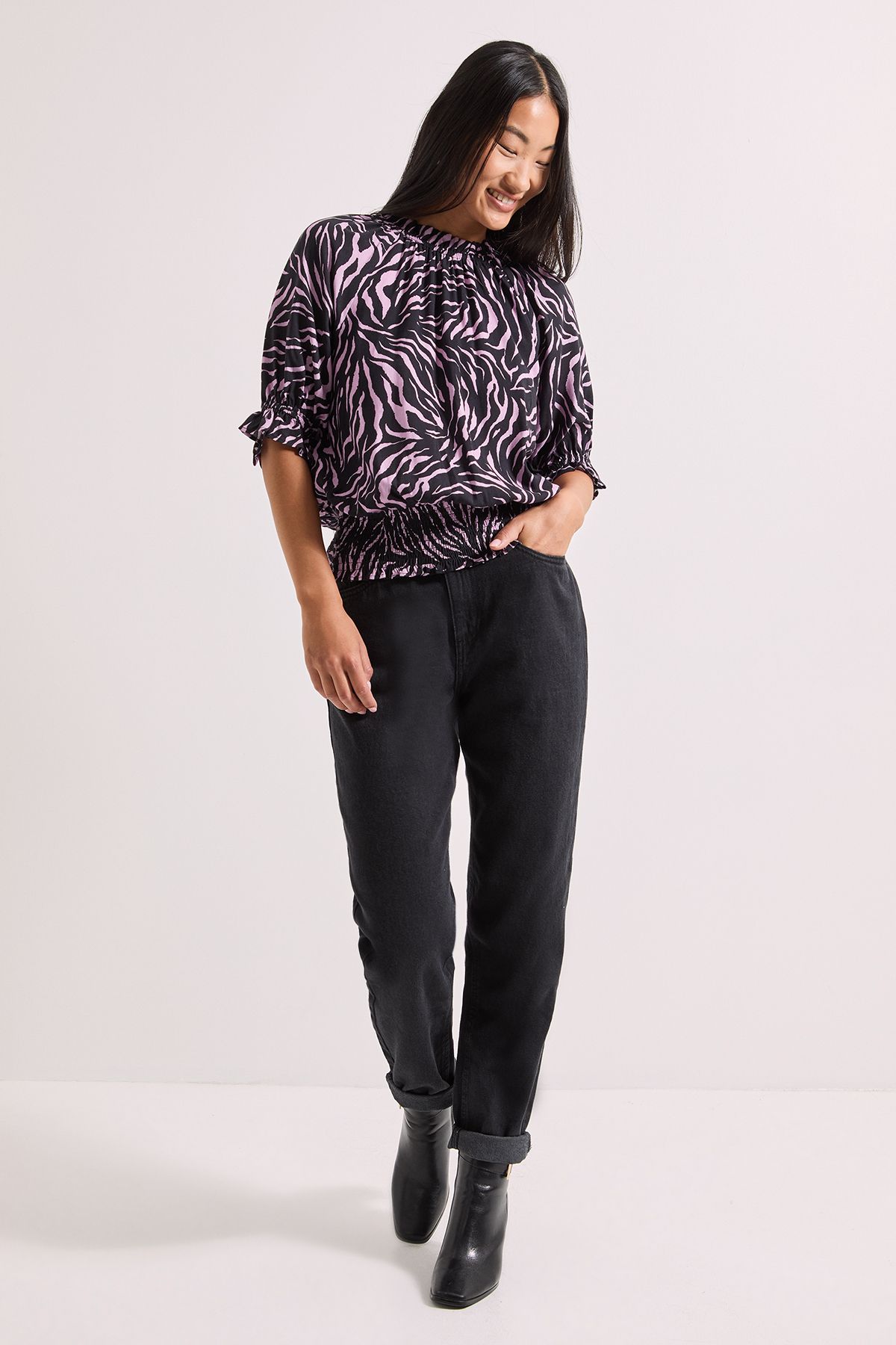 Dorothy Perkins Petite Frill Neck Shirred Cuff Blouse Pink image 2