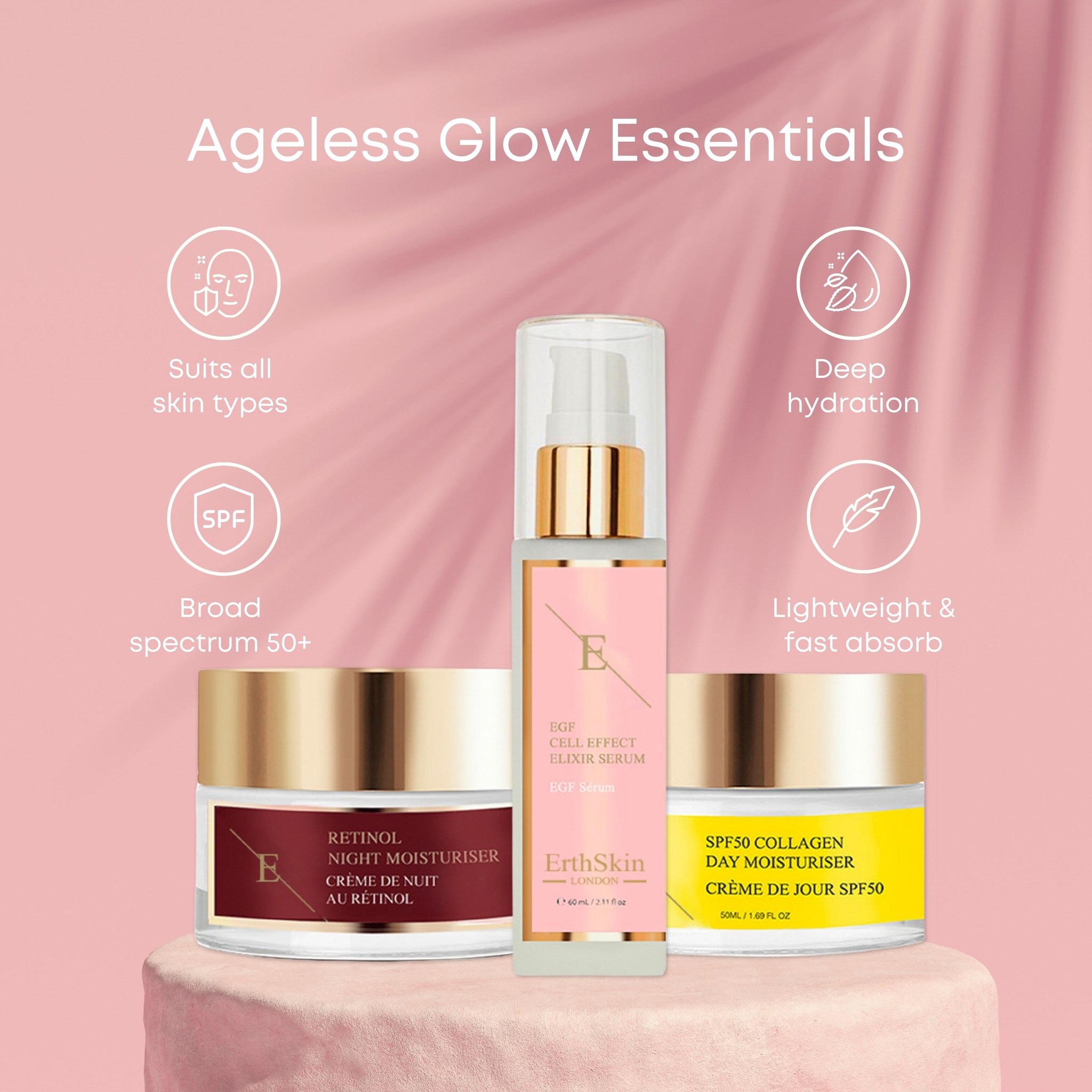 Erth Skin London SPF 50 Collagen Day Cream 50ml + Retinol Night Moisturiser 50ml +EGF CELL EFFECT SERUM 60ML image 2