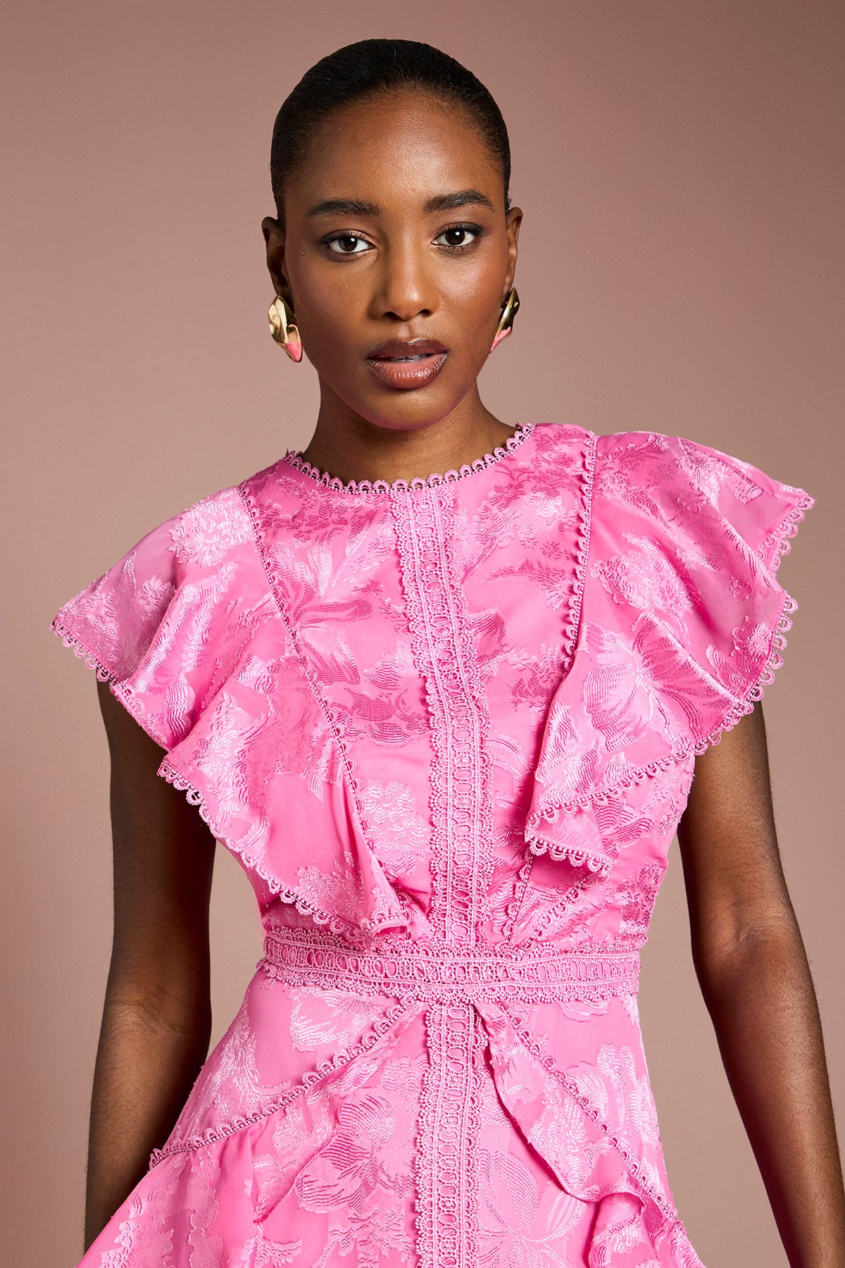 Coast Satin Jacquard Ruffle Detail Midi Dress Pink image 4