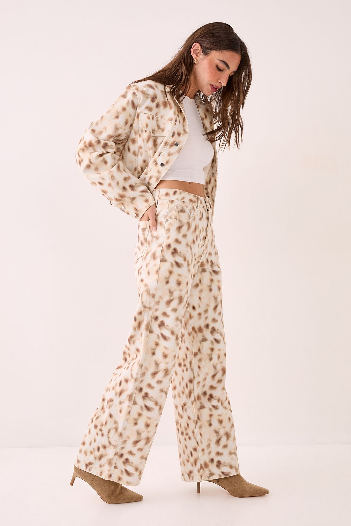 NastyGal Deer Print Denim Barrel Leg Jean Cream image 1