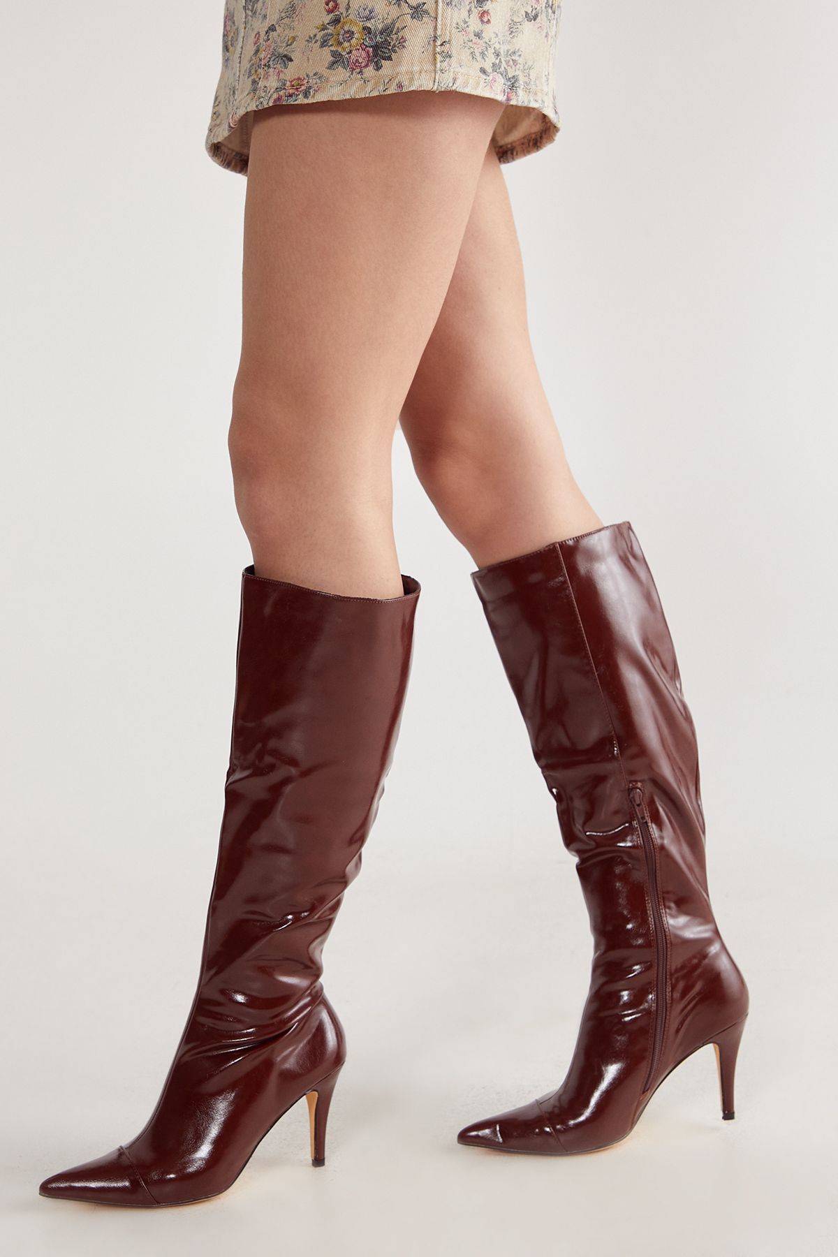 NastyGal Faux Leather Knee High Pointed Boot Brown image 1