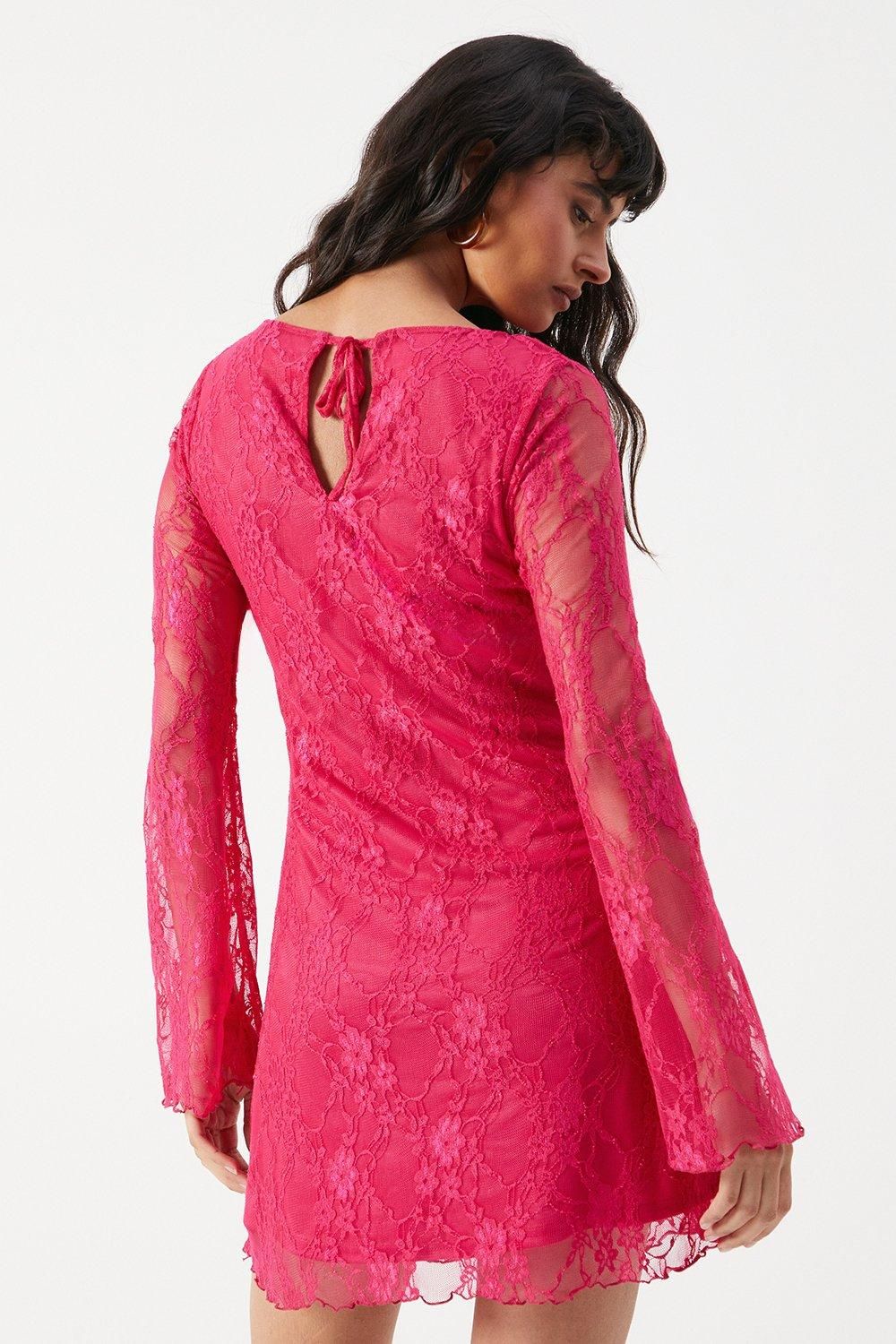 Warehouse Stretch Lace Flared Sleeve A-line Mini Dress Hot Pink image 3