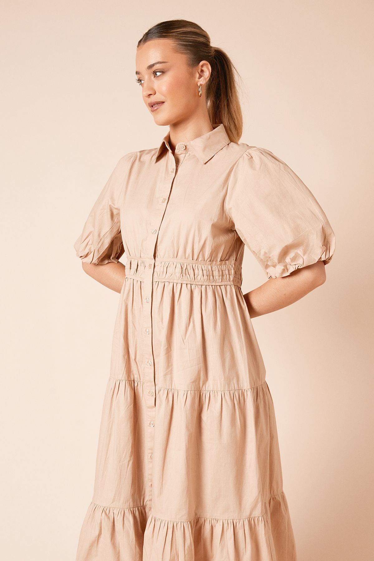 Dorothy Perkins Poplin Tiered Button Front Shirt Dress Neutral image 2