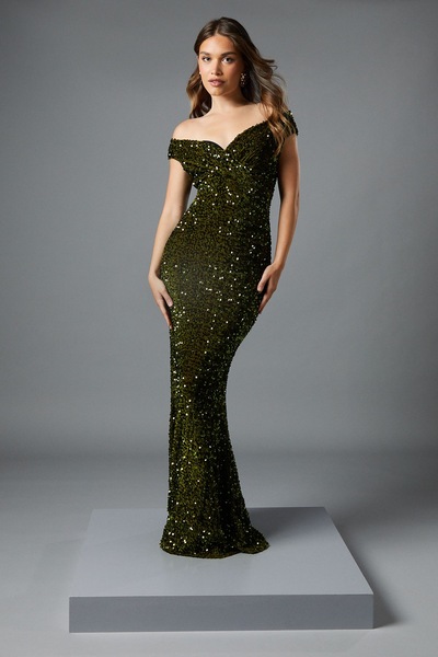 Coast Bardot Velvet Sequin Maxi Dress Olive