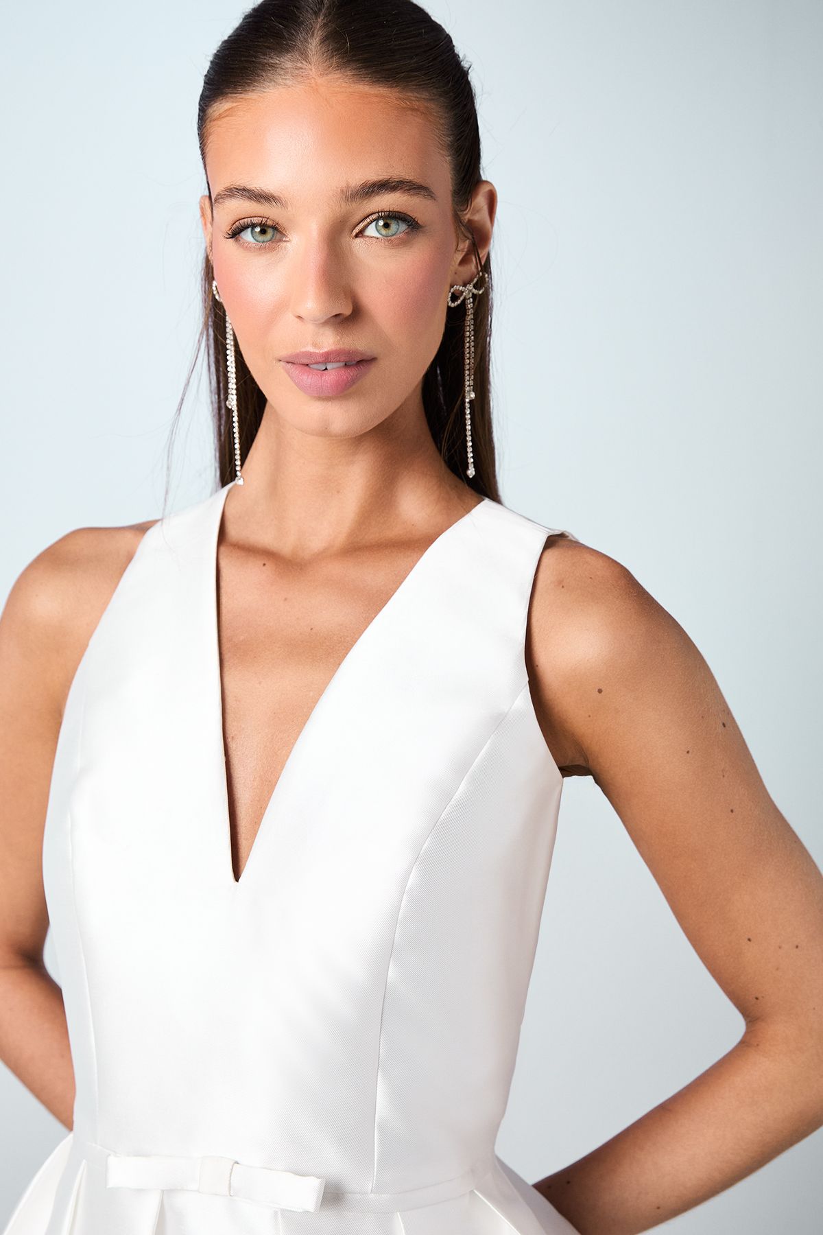 Coast Plunge Neck Bow Waist Midi Wedding Dress With Pockets Ivory image 4