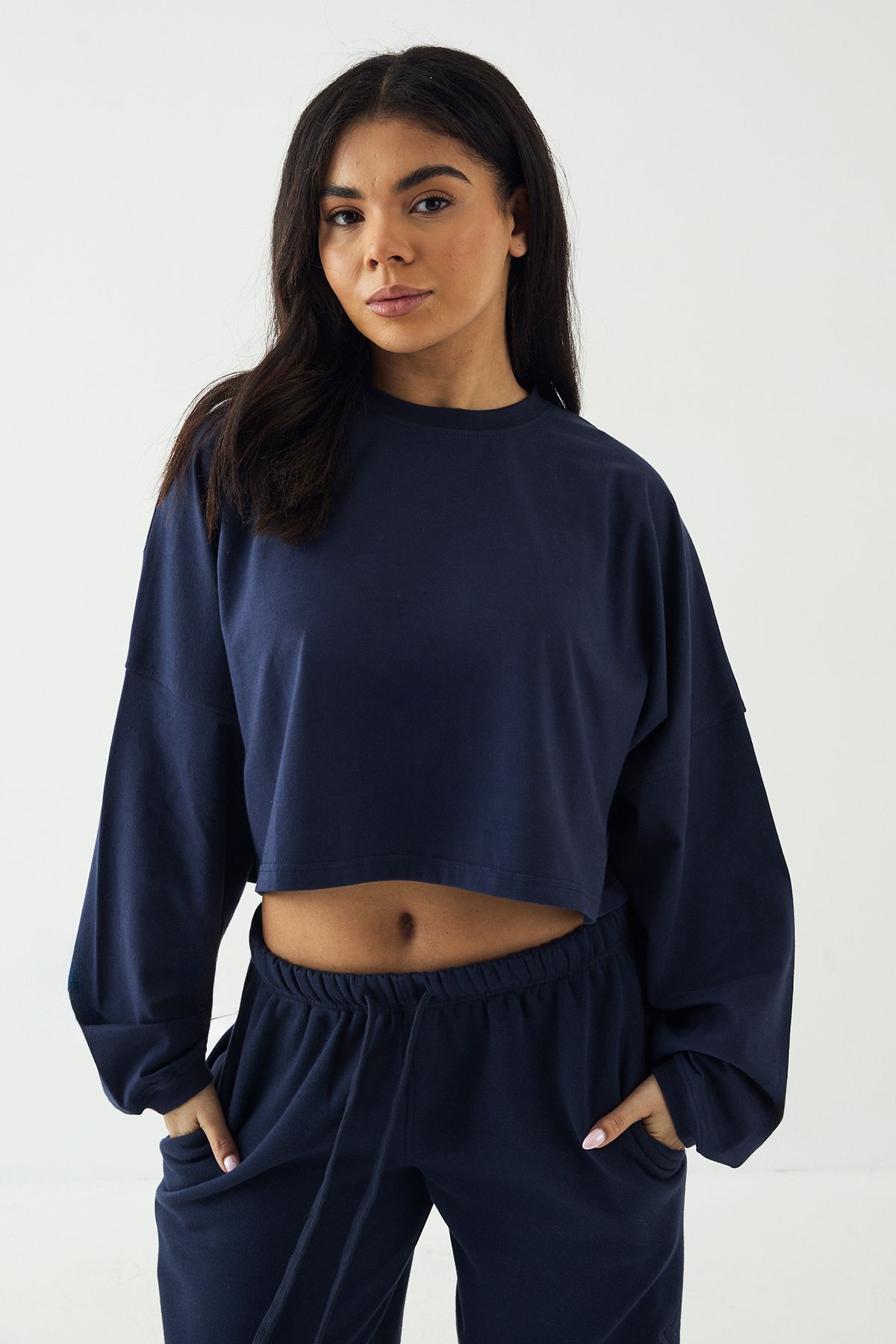 DSGN Studio DSGN Studio Sport Oversized Boxy Crop Long Sleeve T-Shirt Navy image 1