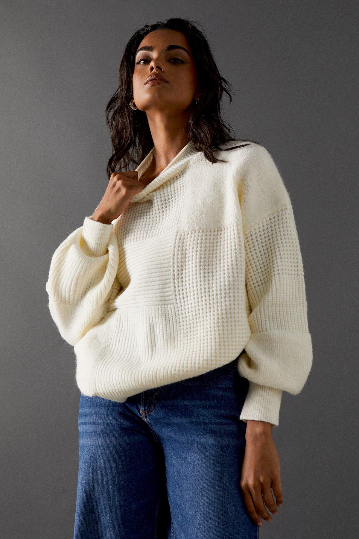 Warehouse Patchwork Stitch Jumper Ecru image 1