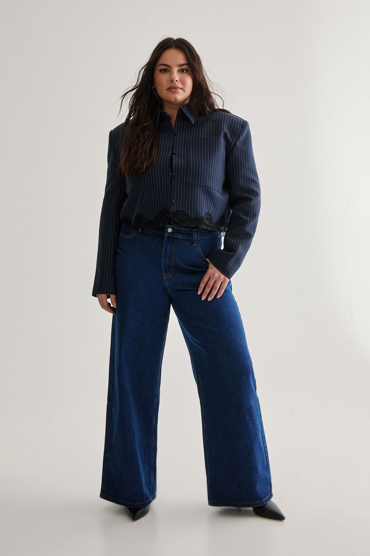 NastyGal Plus Tailored Lace Hem Jacket Navy image 1