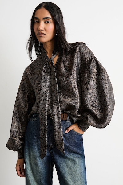 Warehouse Printed Pussybow Tie Neck Blouson Sleeve Blouse Animal