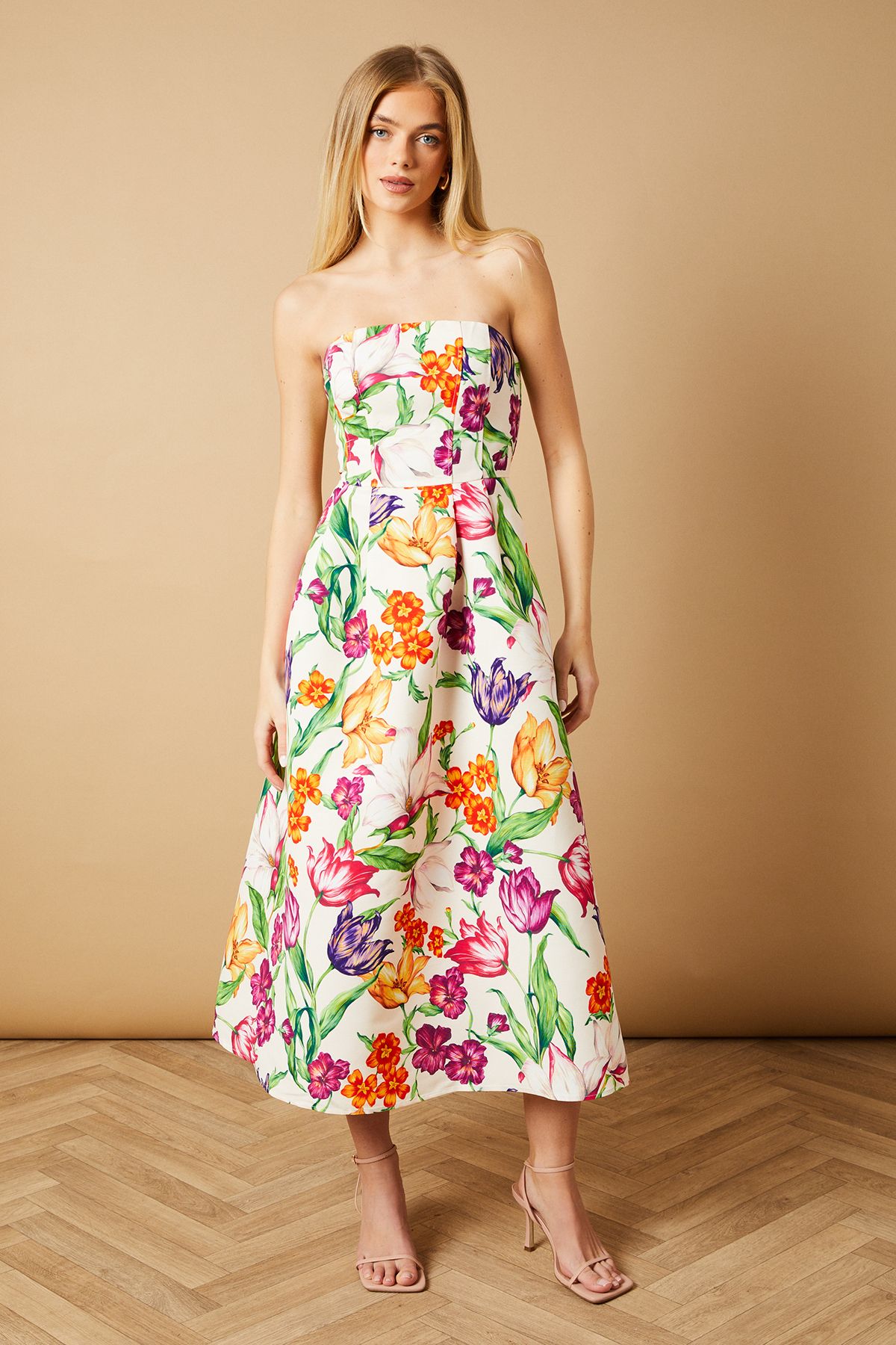 Oasis Occasion Floral Twill Strapless Midi Dress Multi