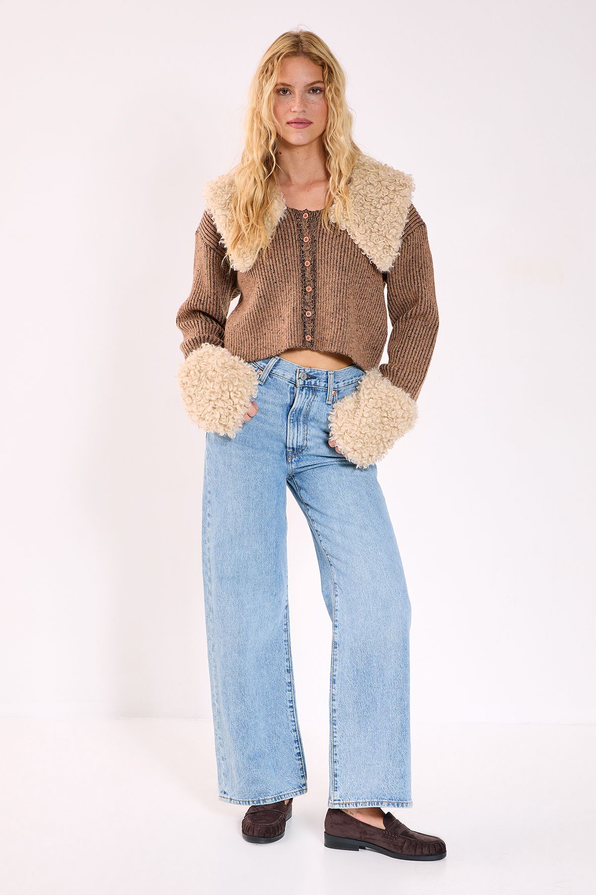 NastyGal Teddy Fur Collared Knitted Cardigan Brown image 2
