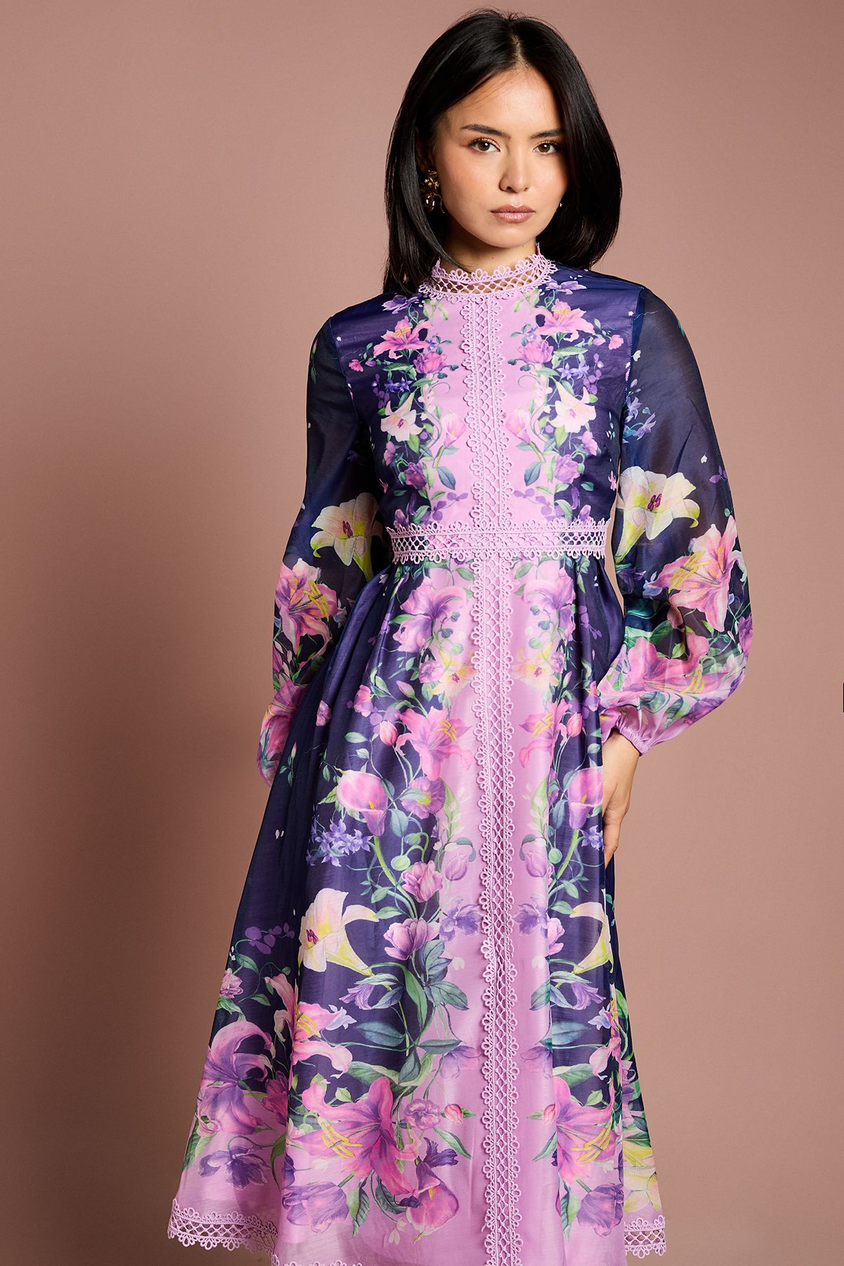 Coast Petite Place Print Organza Lace Trim Midi Dress Navy image 4