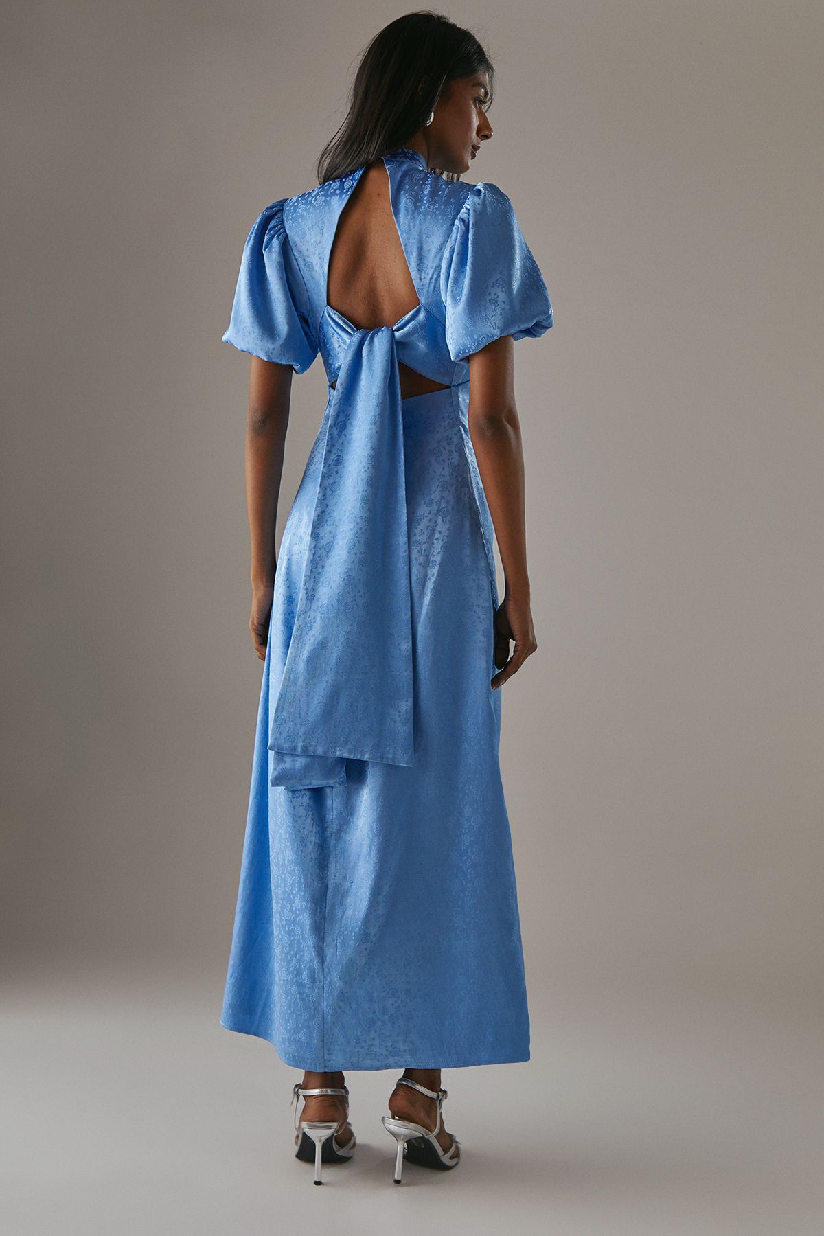 Warehouse Rose Satin Jacquard Puff Sleeve Tie Back Midi Dress Blue image 3