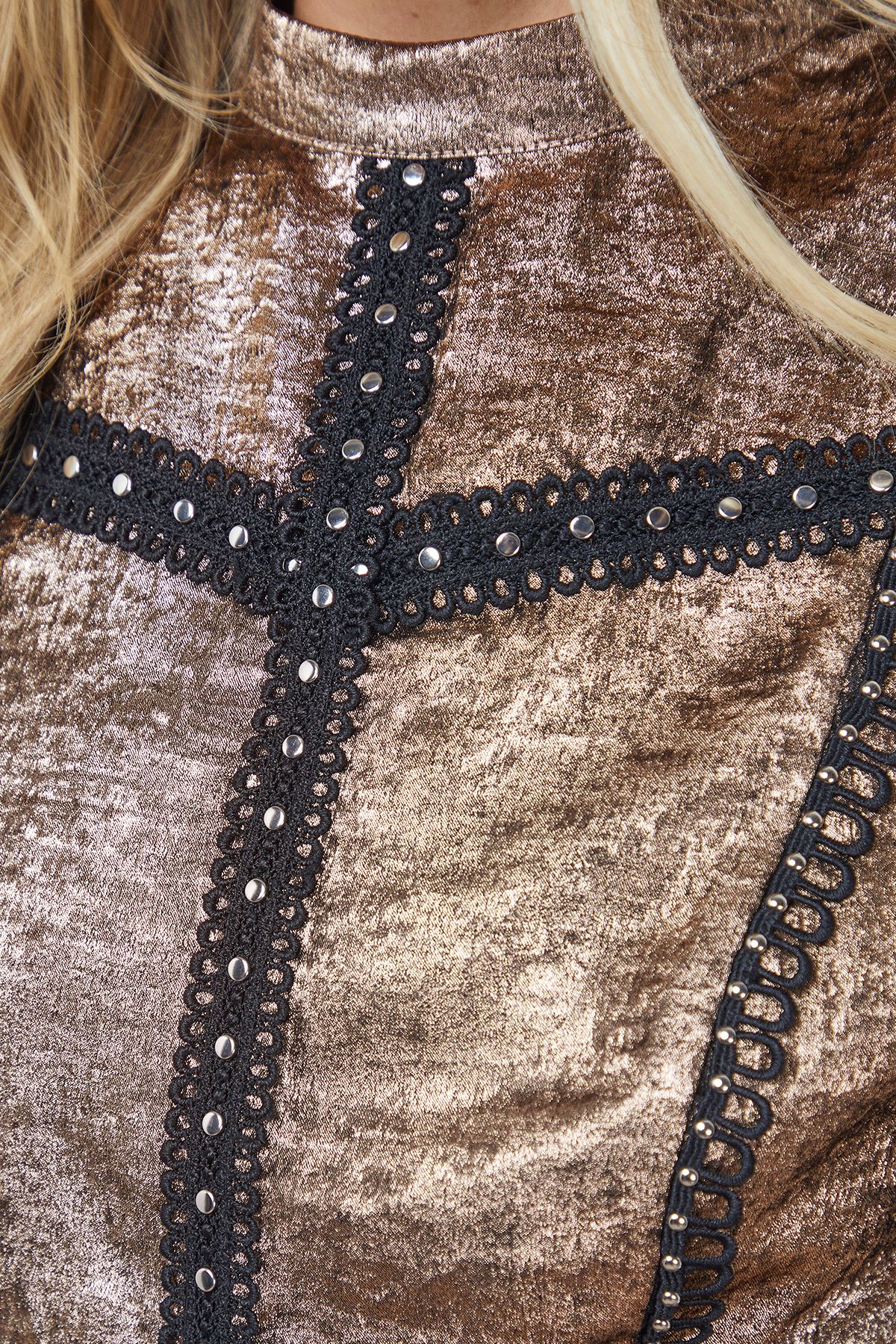 Oasis Stud Trim Long Sleeve High Neck Mini Dress Gold image 5