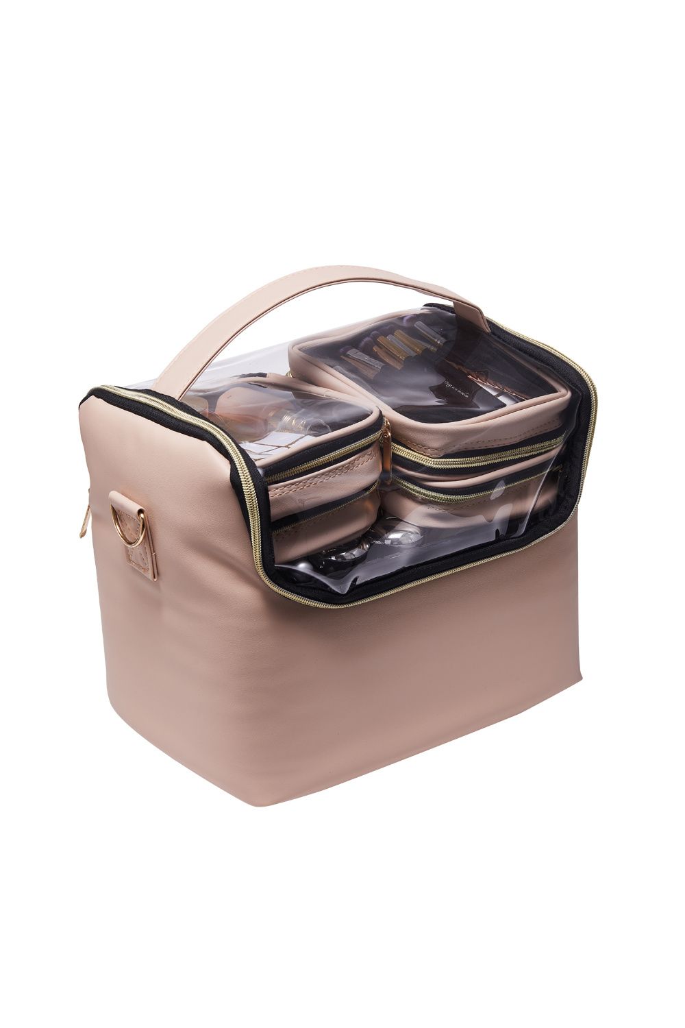 SHEONLY Pink Portable Makeup Train Case with 4 Clear Bags and Adjustable Dividers image 4