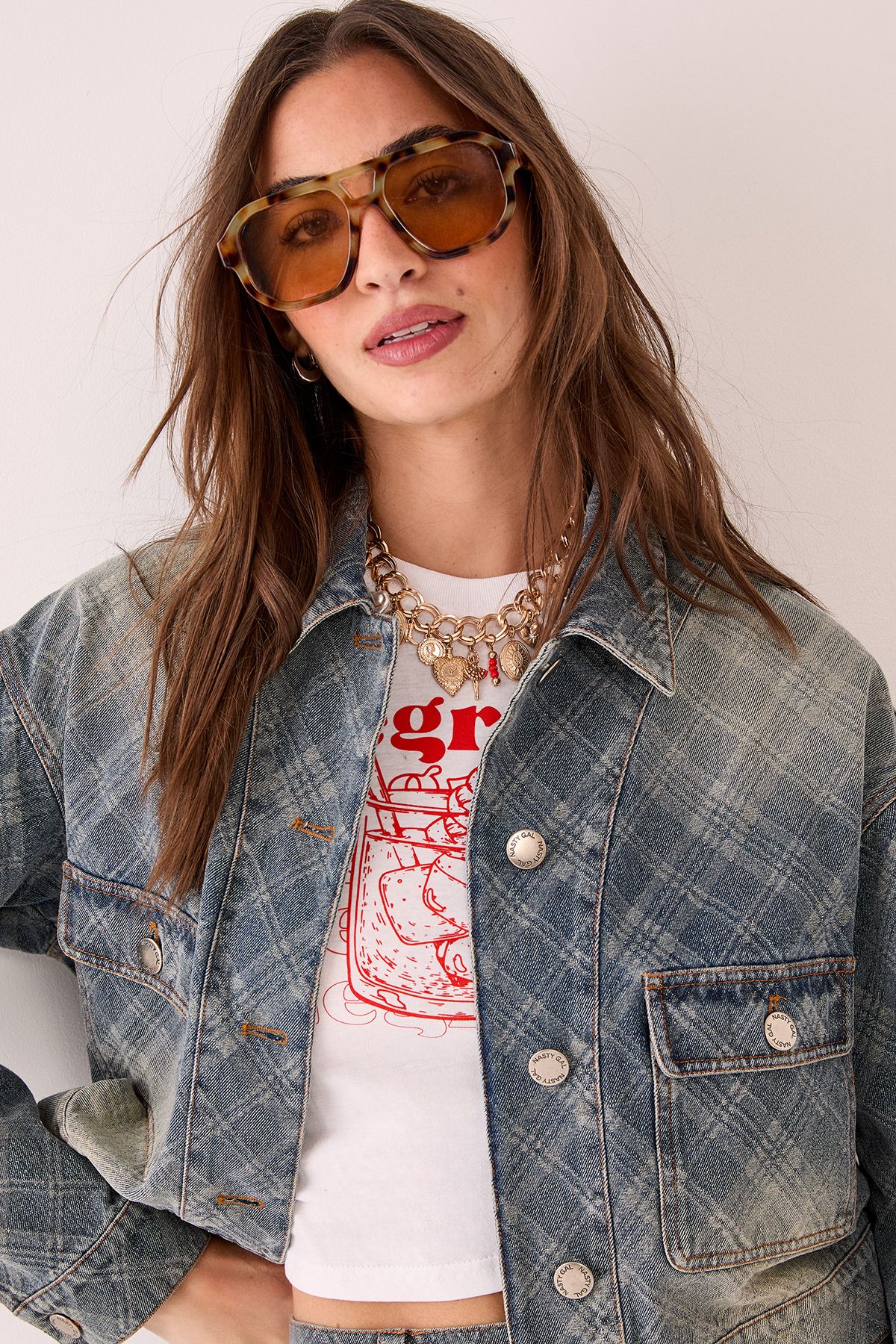 NastyGal Check Denim Distressed Jacket Authentic Midwash image 3