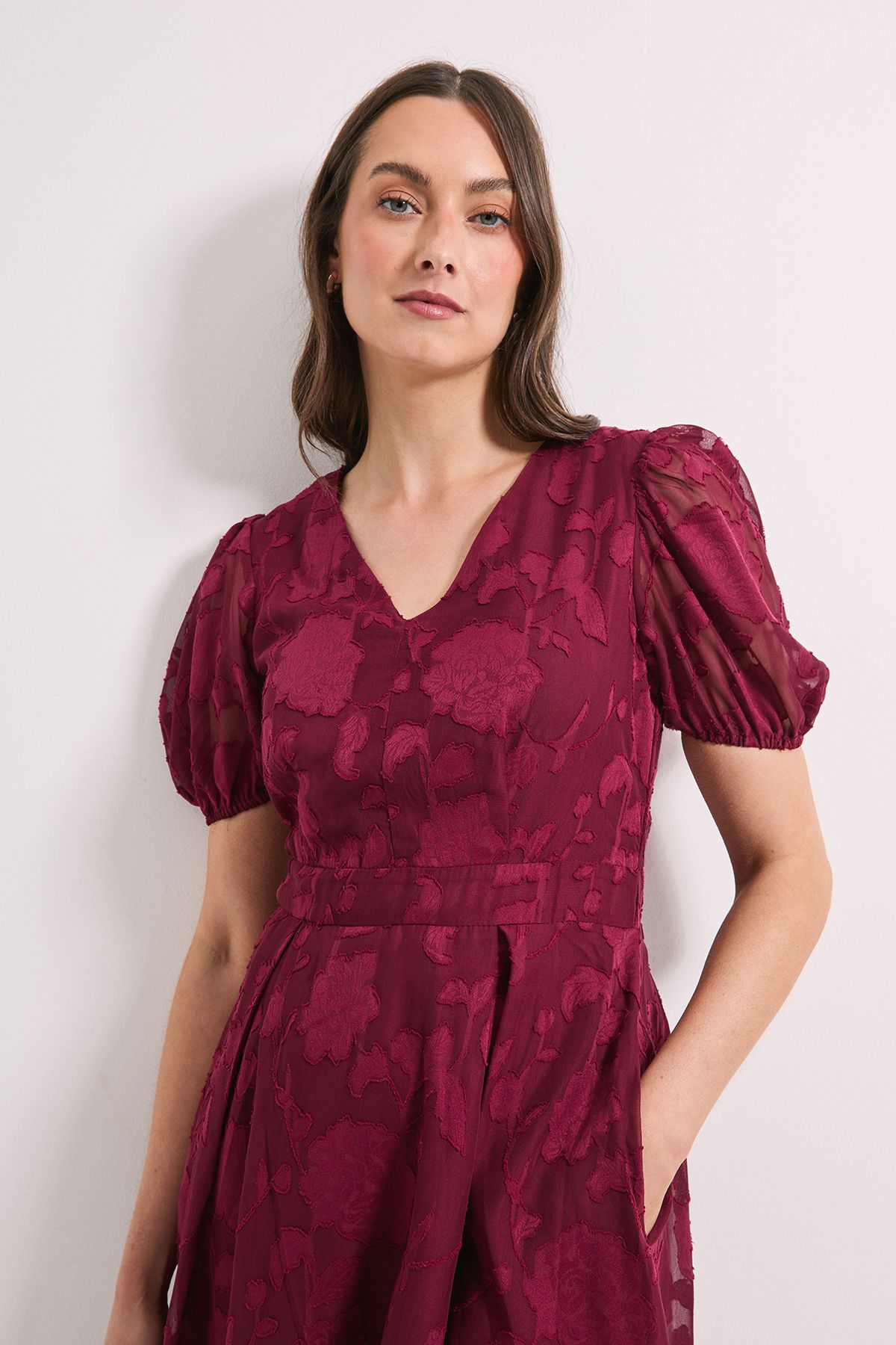 Principles Floral Jacquard Puff Sleeve Midi Dress Wine image 4