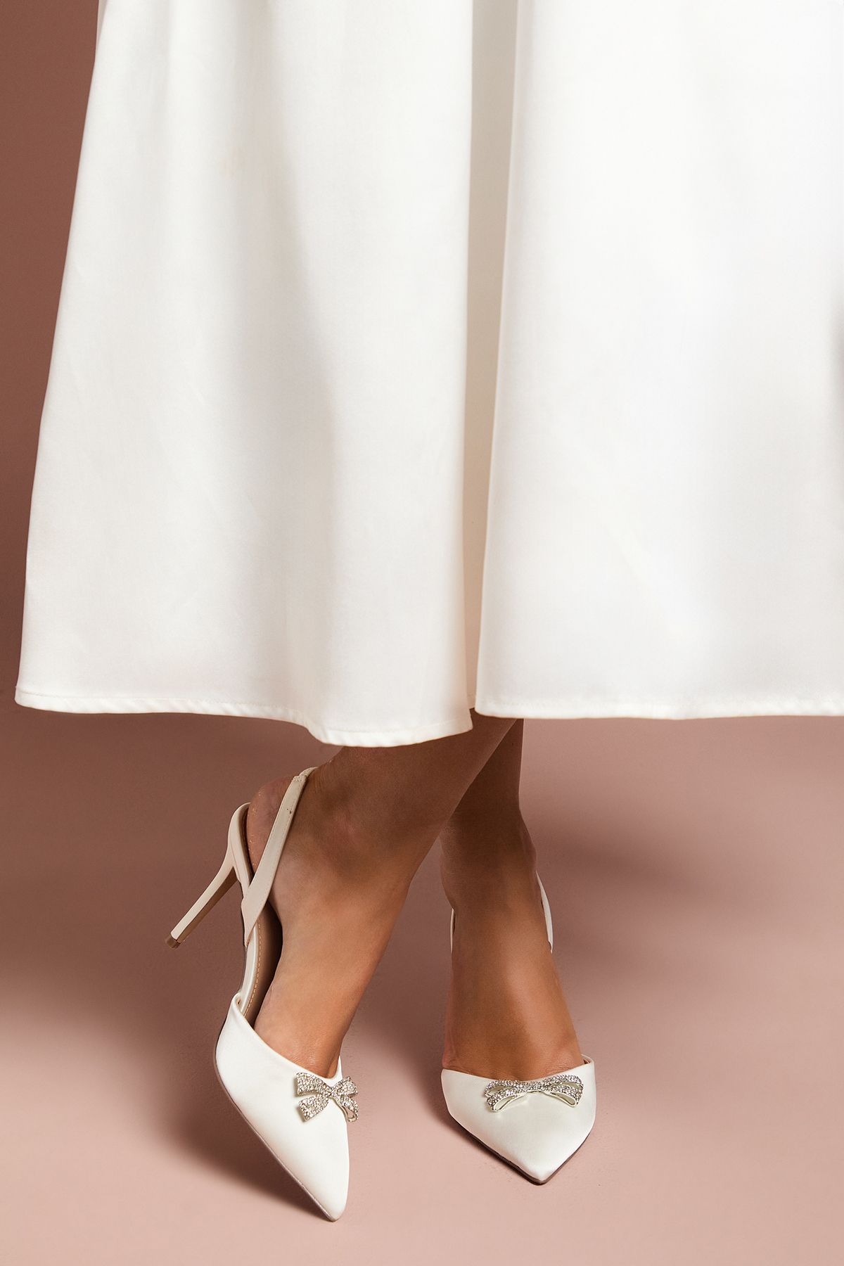 Coast Bridal Scarlett Satin Diamante Bow Brooch Slingback High Stiletto Heel Court Shoes White image 2