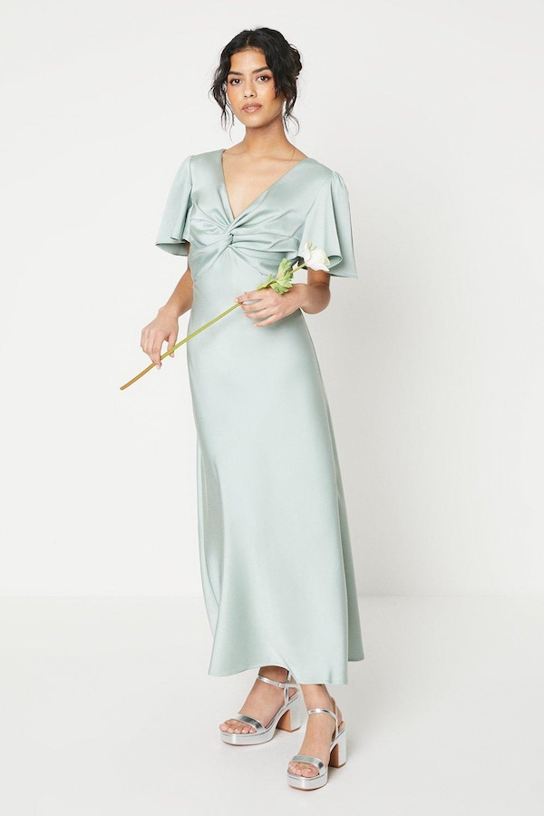 Oasis Petite Satin Twist Angel Sleeve Midi Bridesmaids Dress Sage