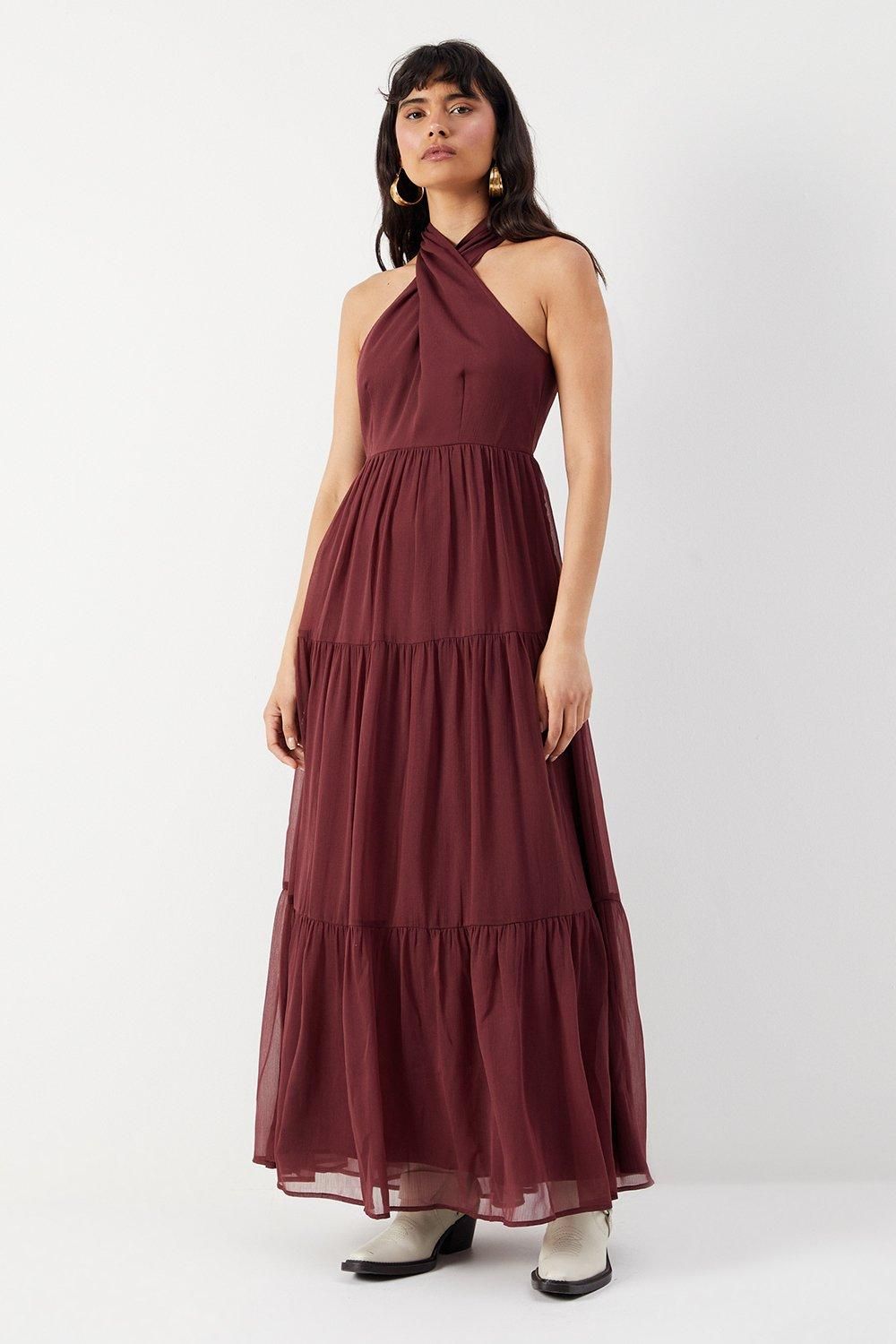 Warehouse Chiffon Halter Tier Maxi Dress Chocolate image 1