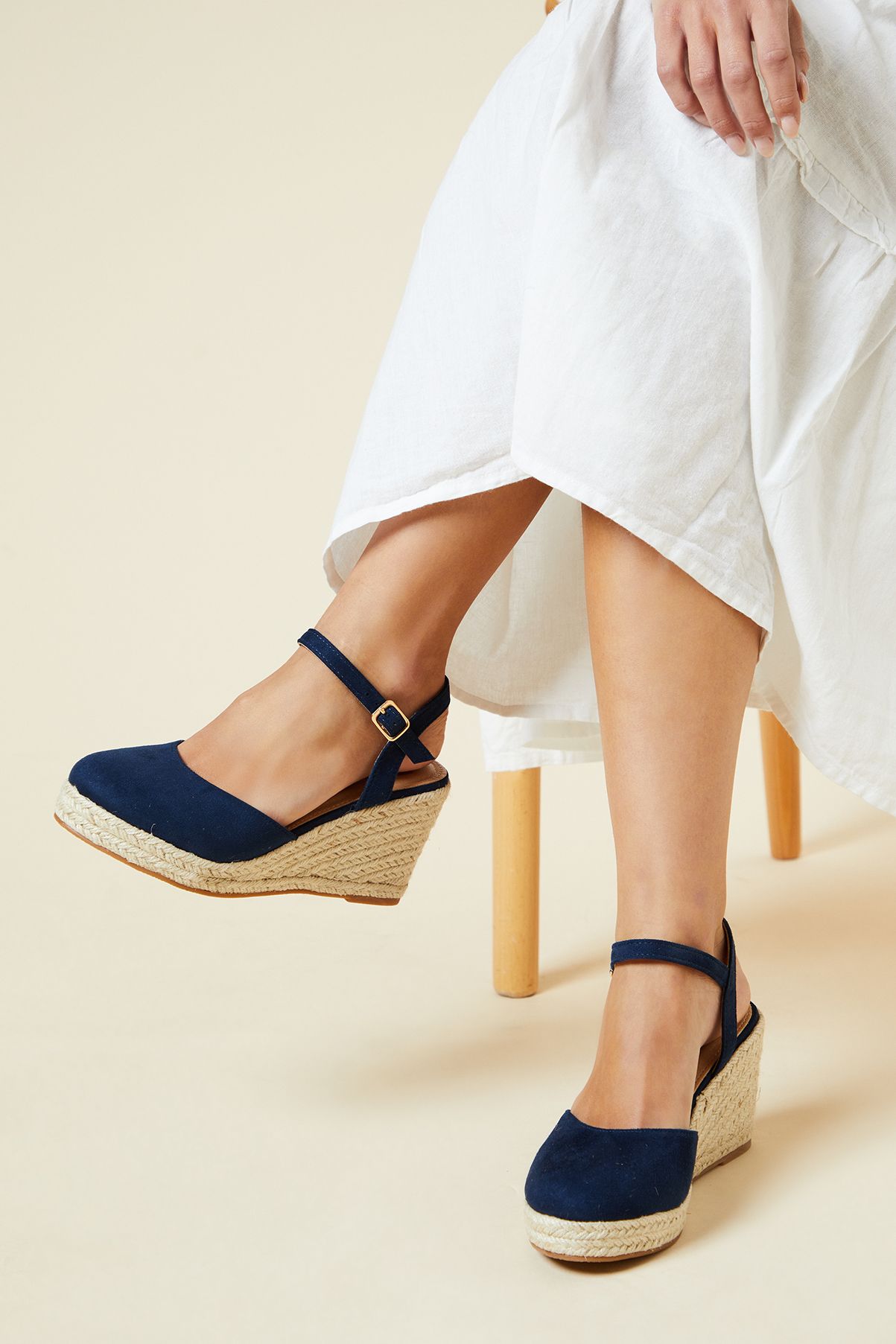 Dorothy Perkins Rumor Faux Suede Closed Toe Espadrille Wedge Sandals Navy