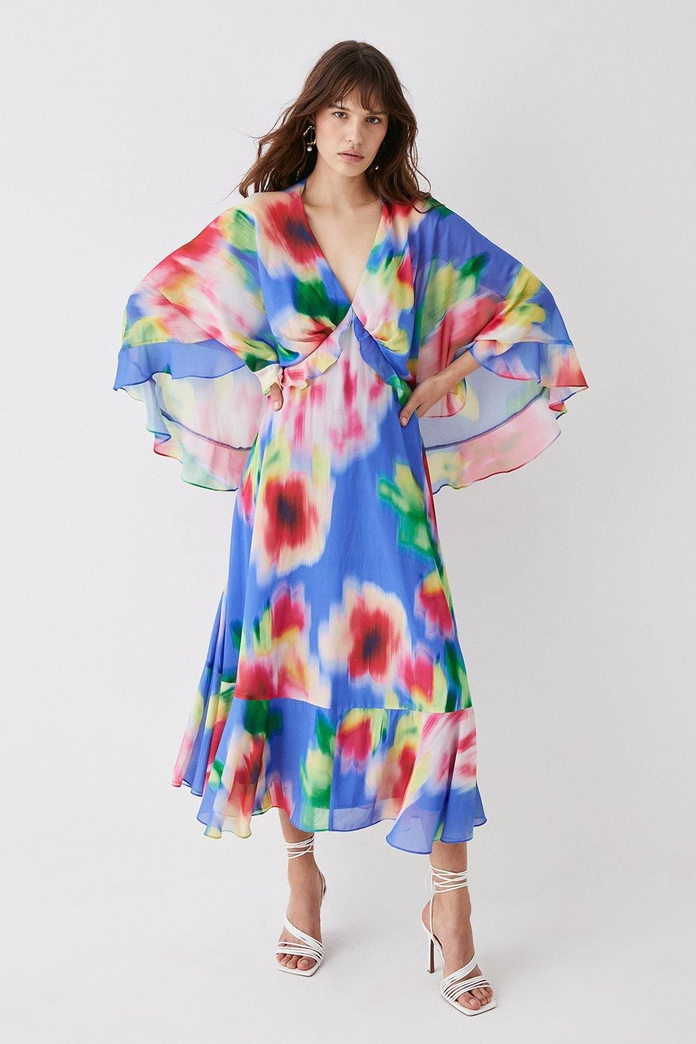 Coast Printed Cape Sleeve Frill Midi Dress Blue image 1