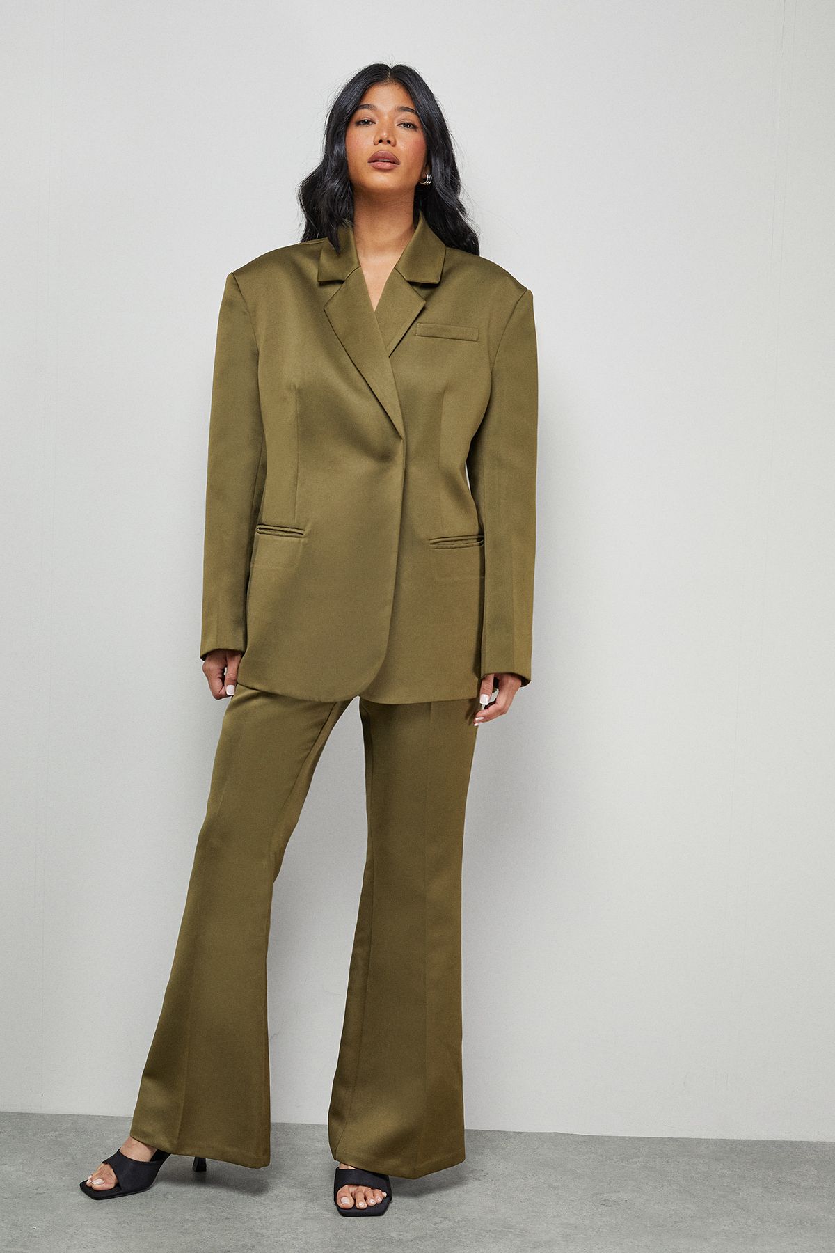 Warehouse Premium Satin Oversized Blazer Co-ord Olive image 2