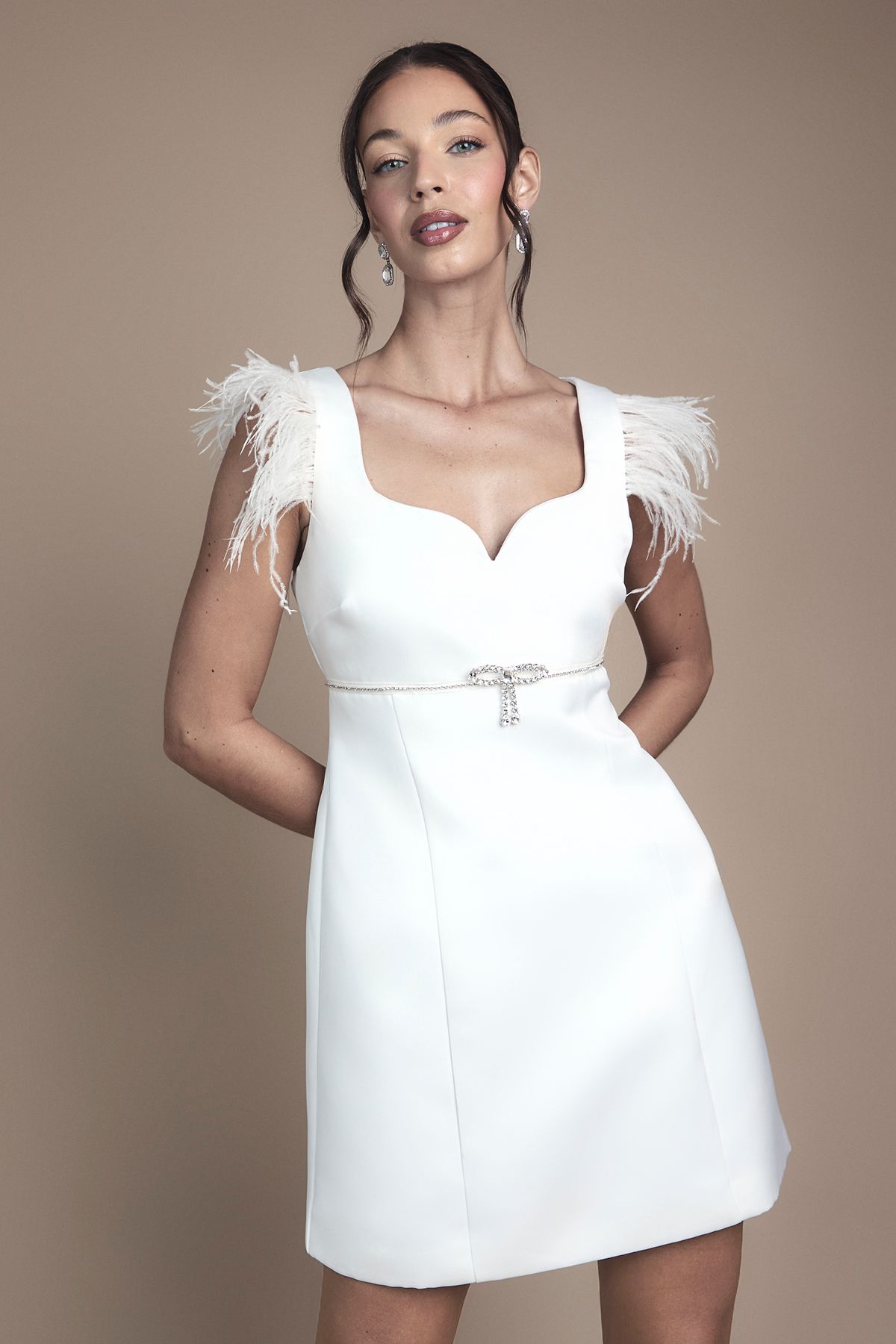 Coast Feather Trim Diamante Detail Mini Dress Ivory image 2