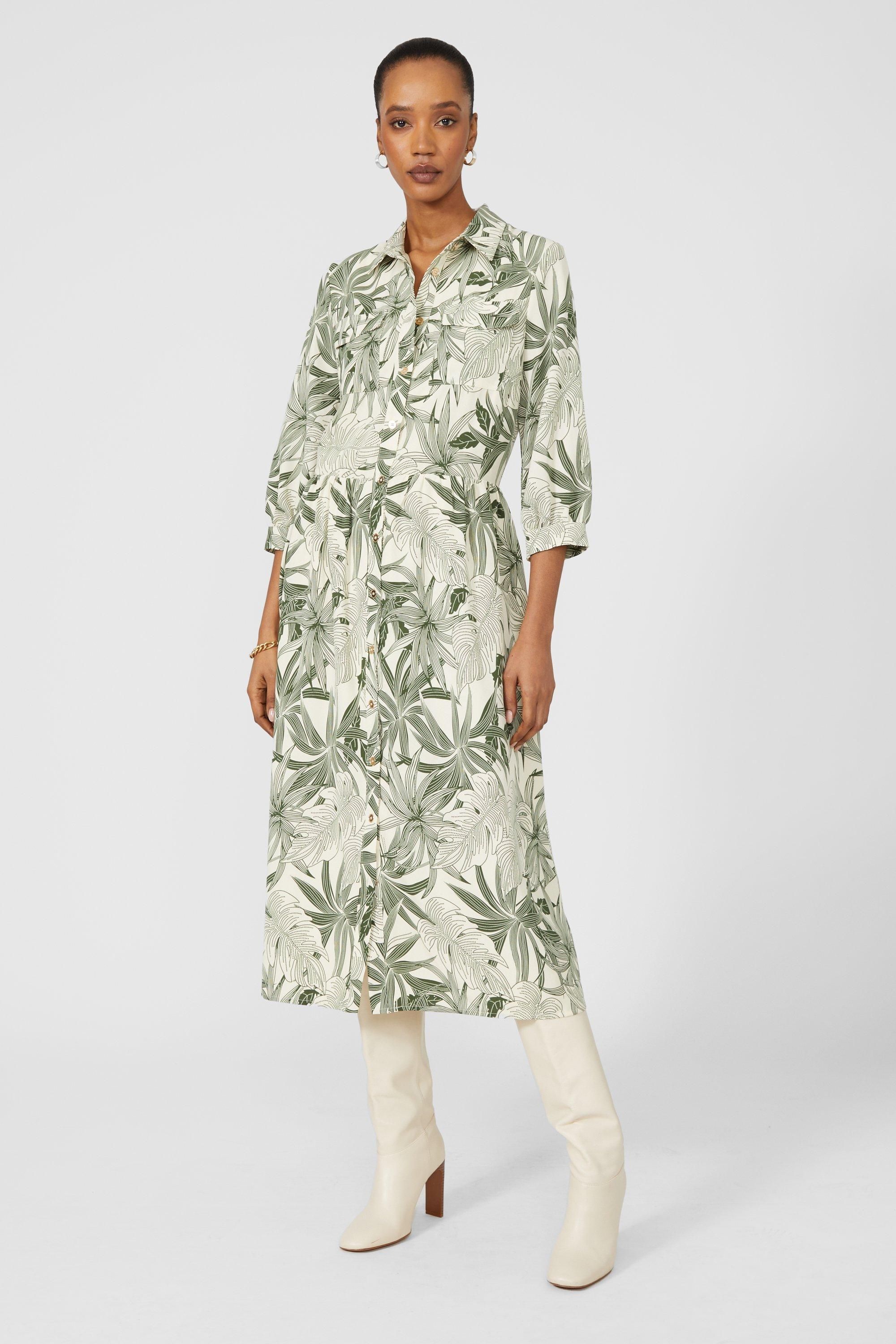 Principles Khaki Leaf Printed Midi Shirt Dress Khaki image 1