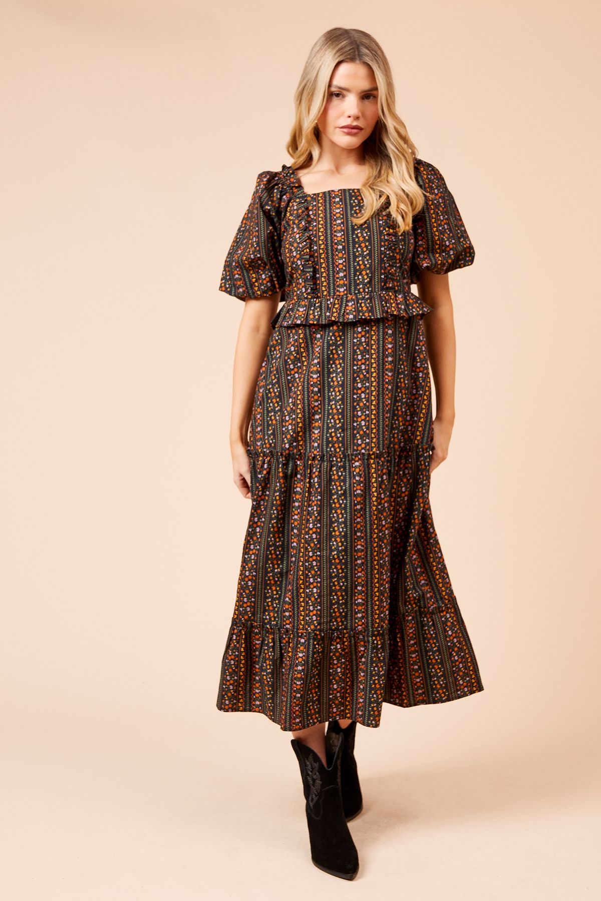 Dorothy Perkins Poplin Ruffle Square Neck Midi Dress Black image 1