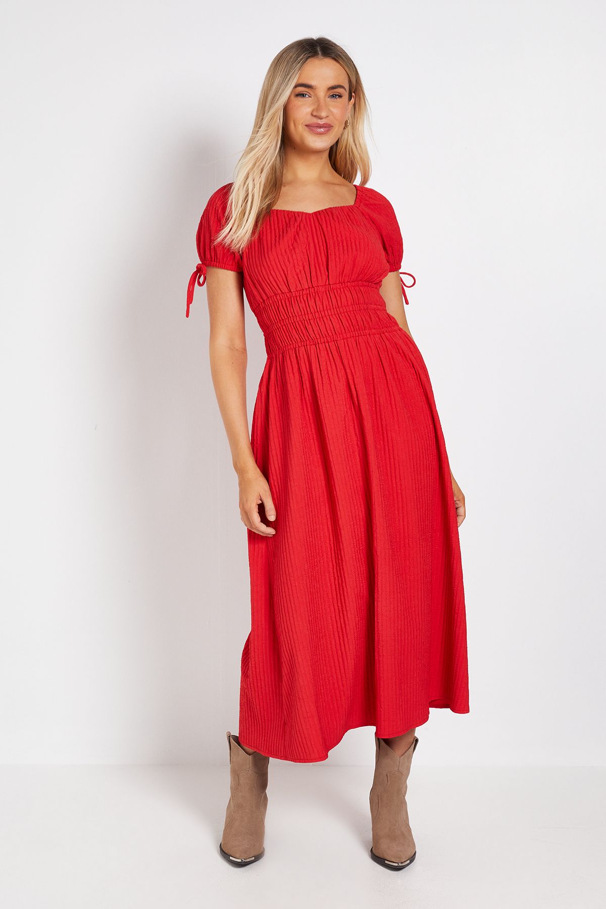 Dorothy Perkins Tie Cap Sleeve Elasticated Channel Waist Midi Dress Red