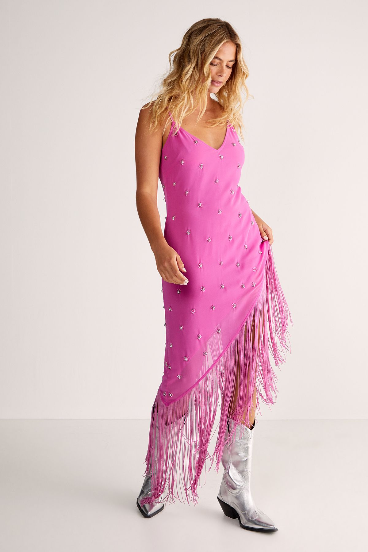 NastyGal Studded Fringe Asymmetric Midi Dress Fuchsia image 2