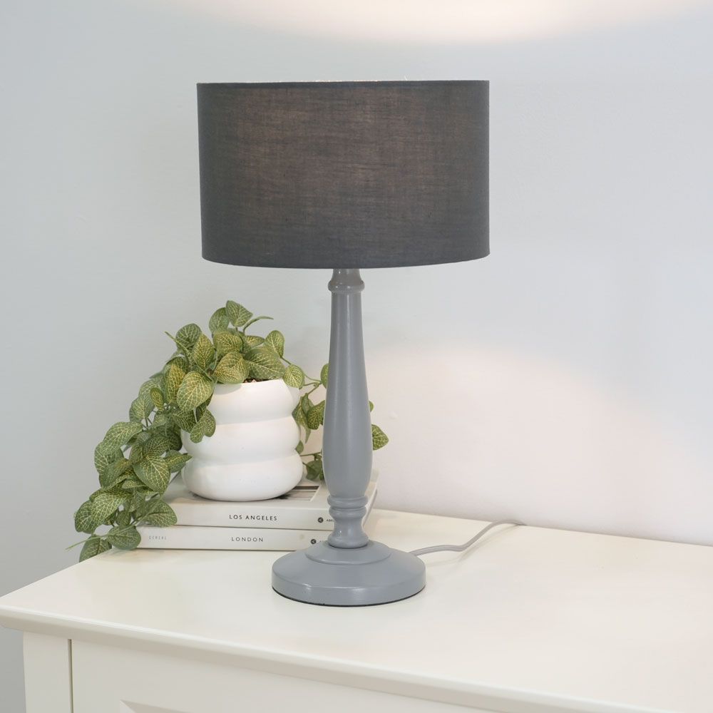 ValueLights Victoria Grey Wood Traditional Table Lamp with Fabric Drum Shade image 1
