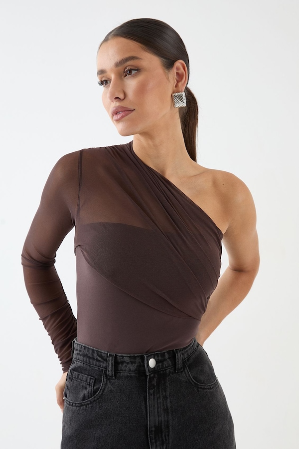MissPap Mesh One Shoulder Bodysuit Chocolate