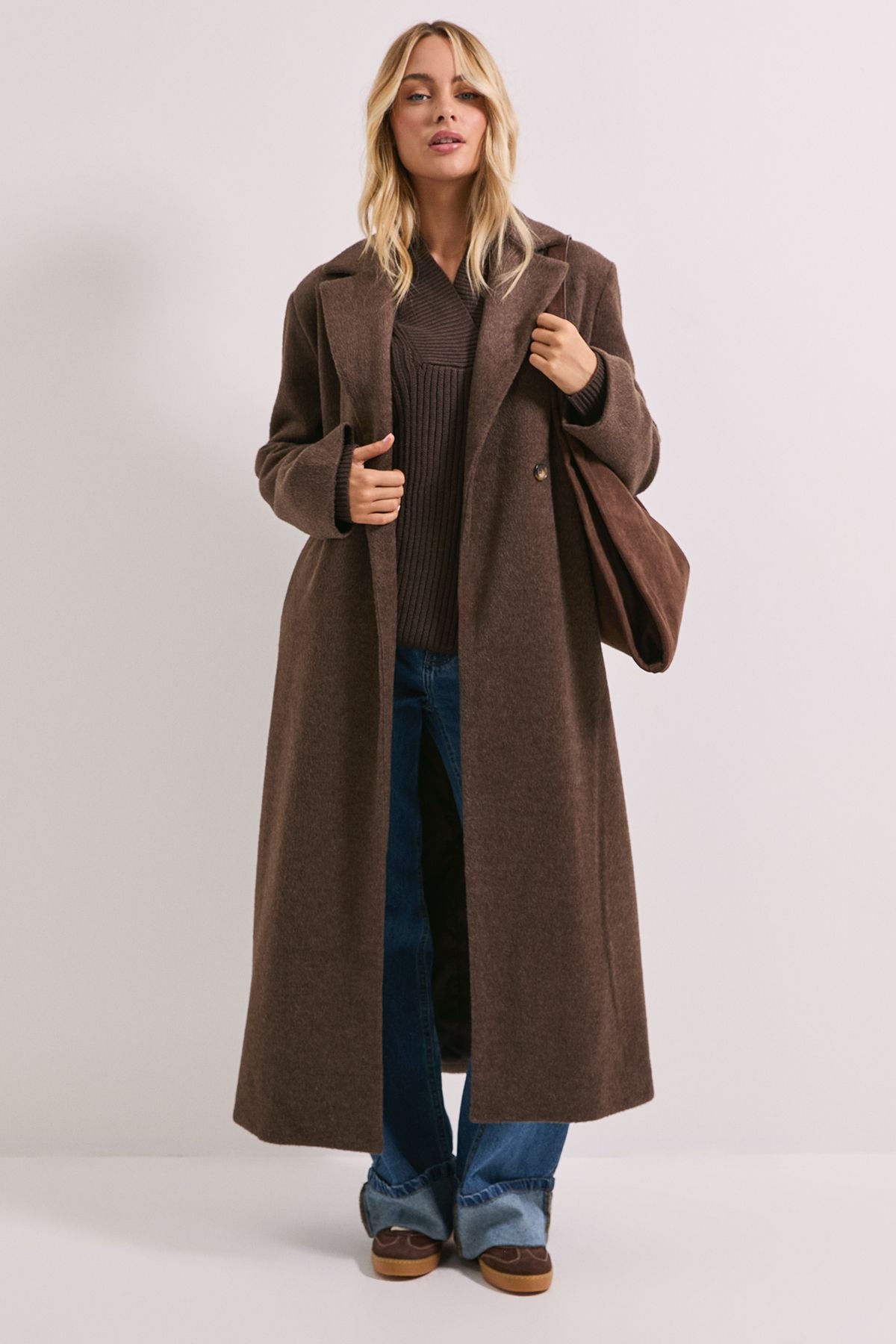 Dorothy Perkins Longline Belted Coat Chocolate image 4