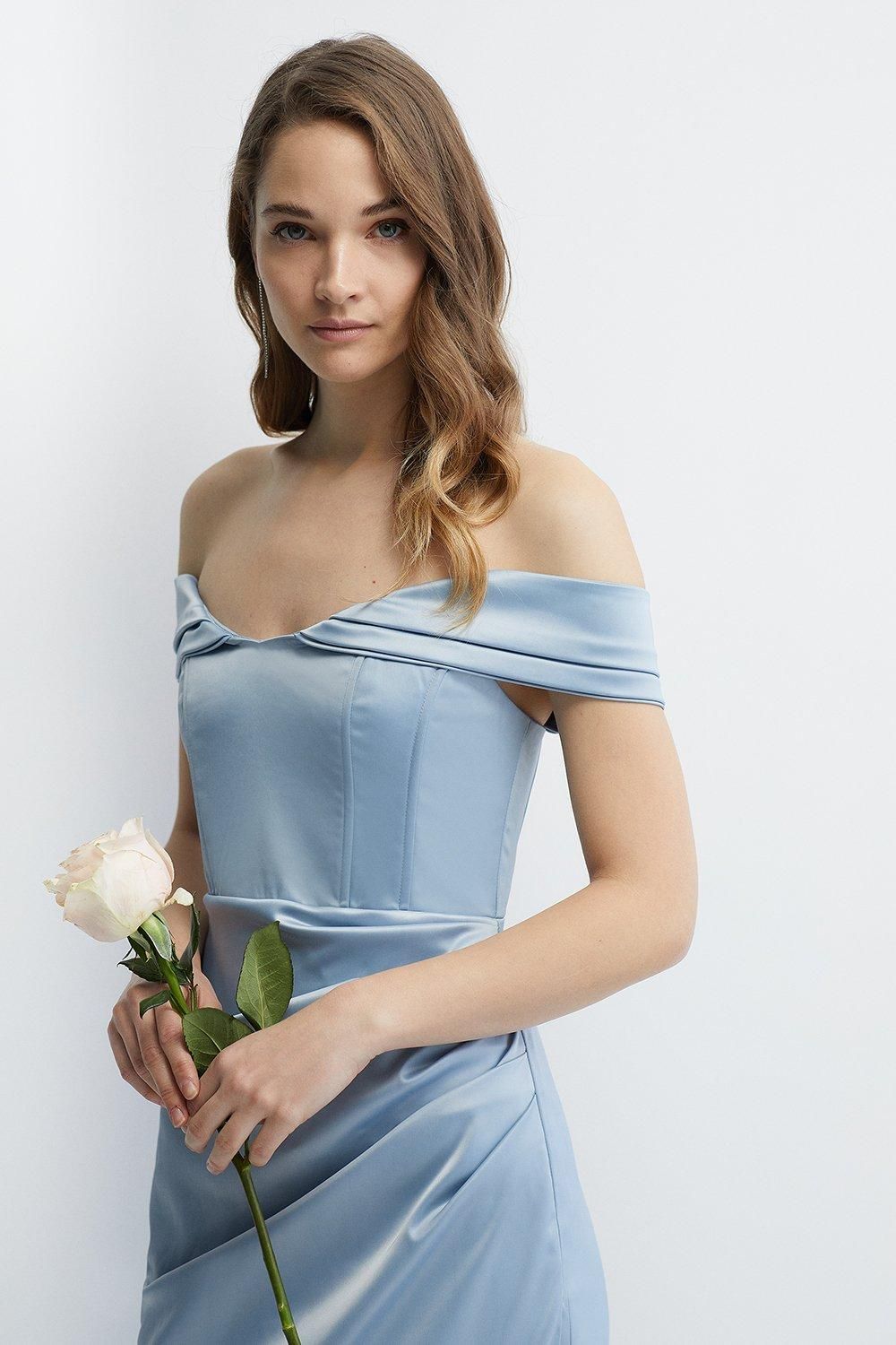 Coast Structured Satin Bardot Wrap Bridesmaids Maxi Dress Pale Blue image 2