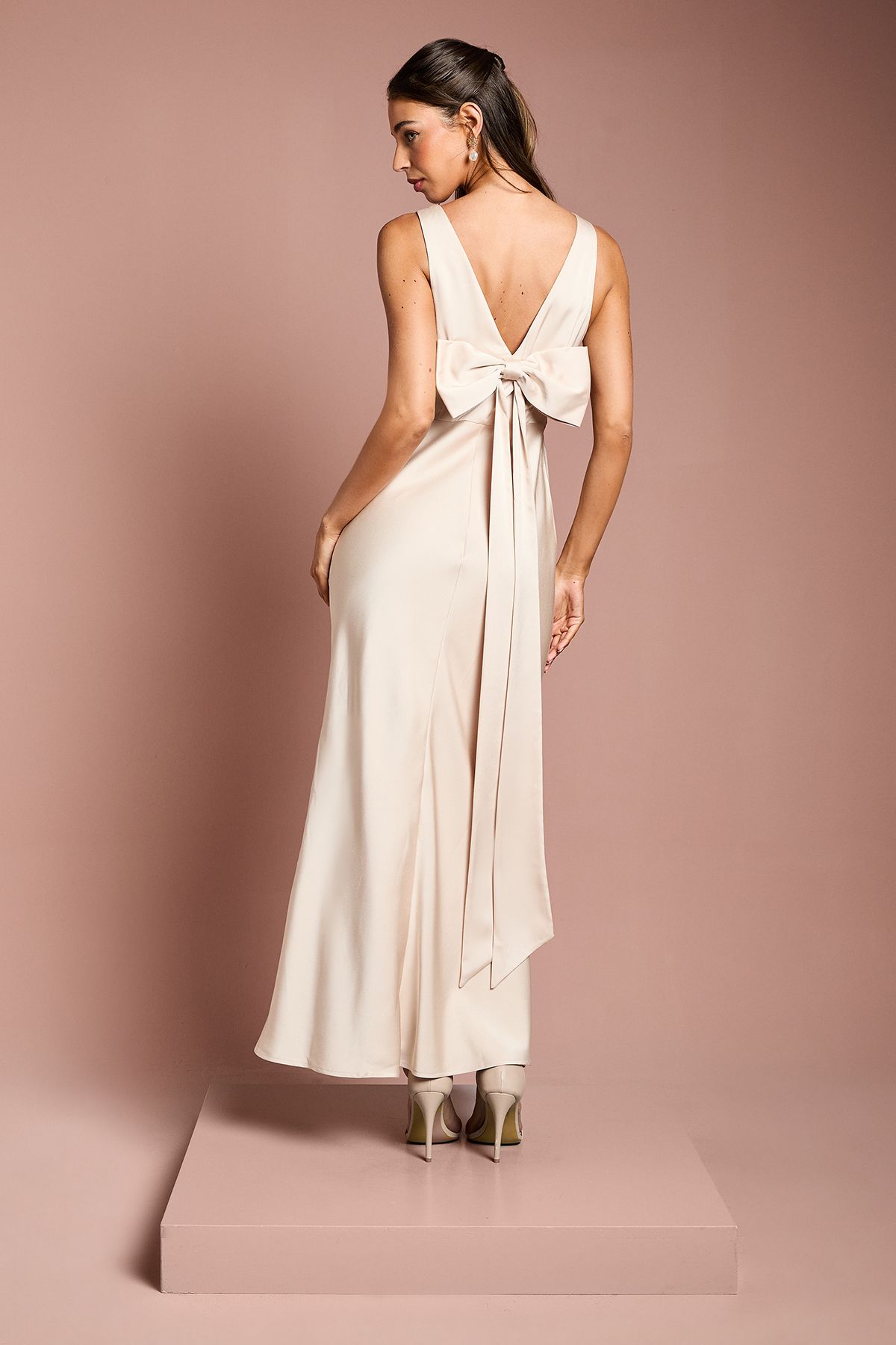 Coast Square Neck Satin and Crepe Bridesmaid Dress with Bow Back Champagne image 4