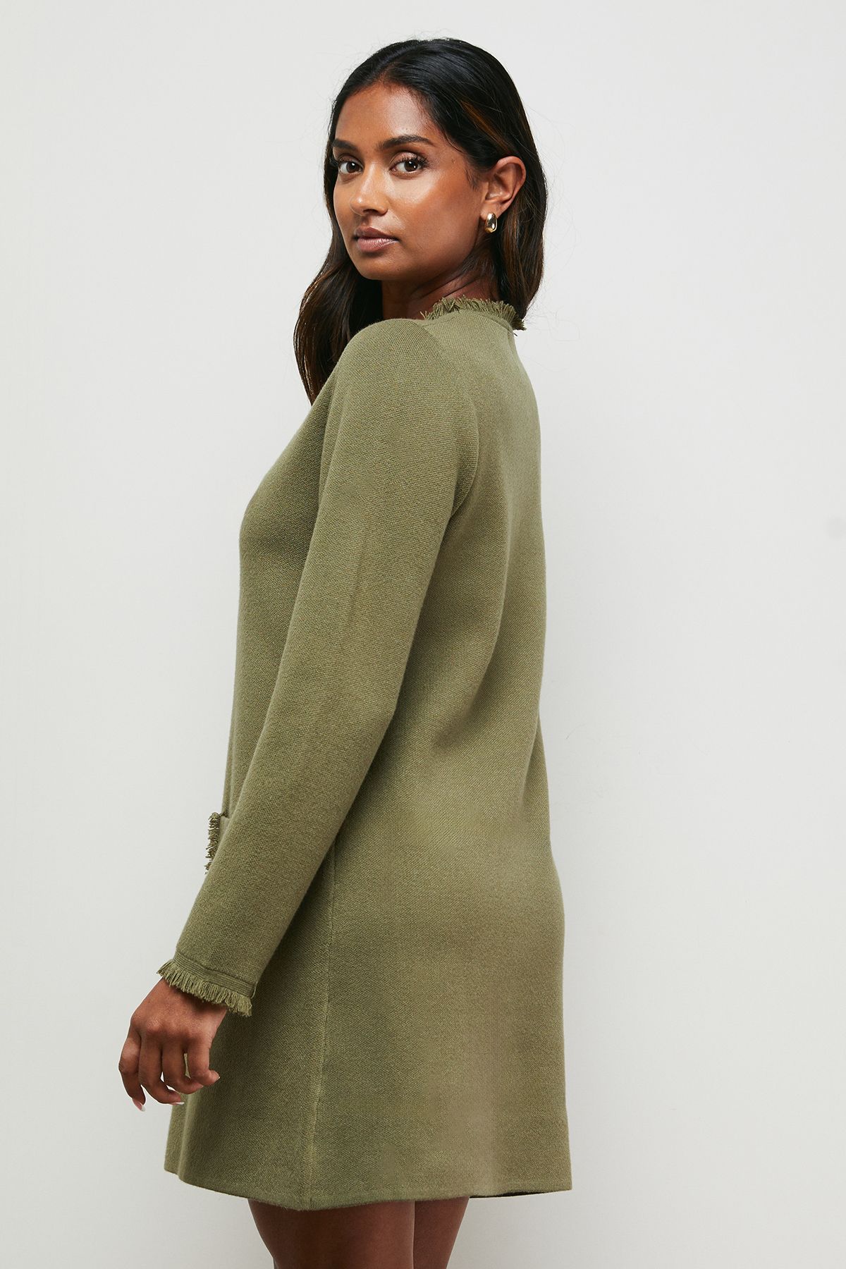 Oasis Fringe Detail Crew Neck Mini Dress Khaki image 3