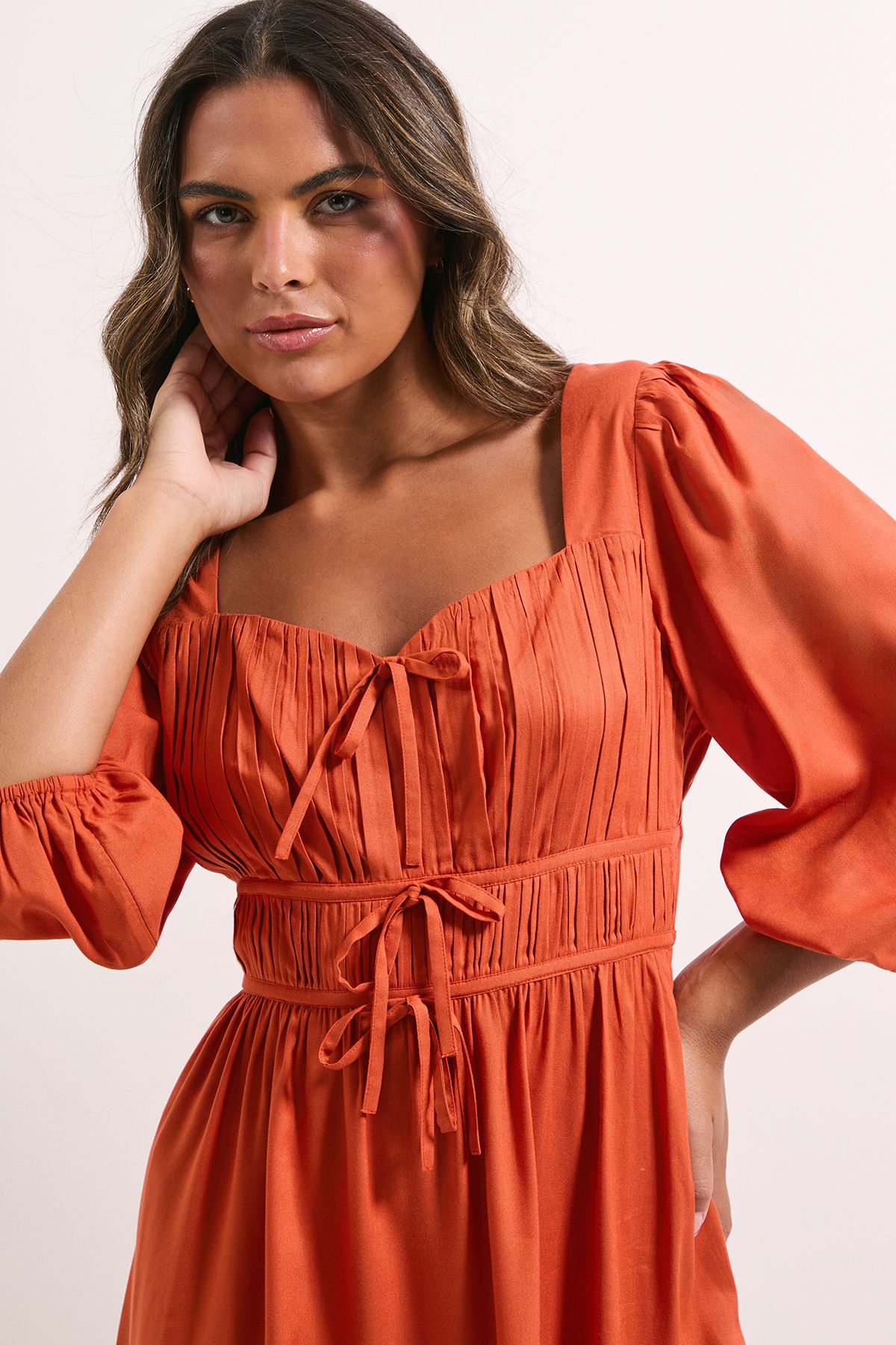 Dorothy Perkins Shirred Bodice Tie Detail Sweetheart Midi Dress Ochre image 3