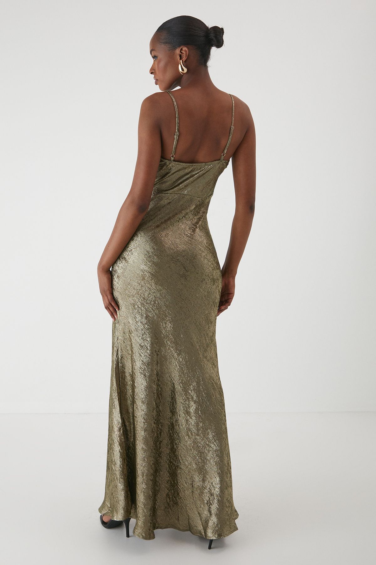 MissPap Metallic Asymmetric Cowl Dress Khaki image 3