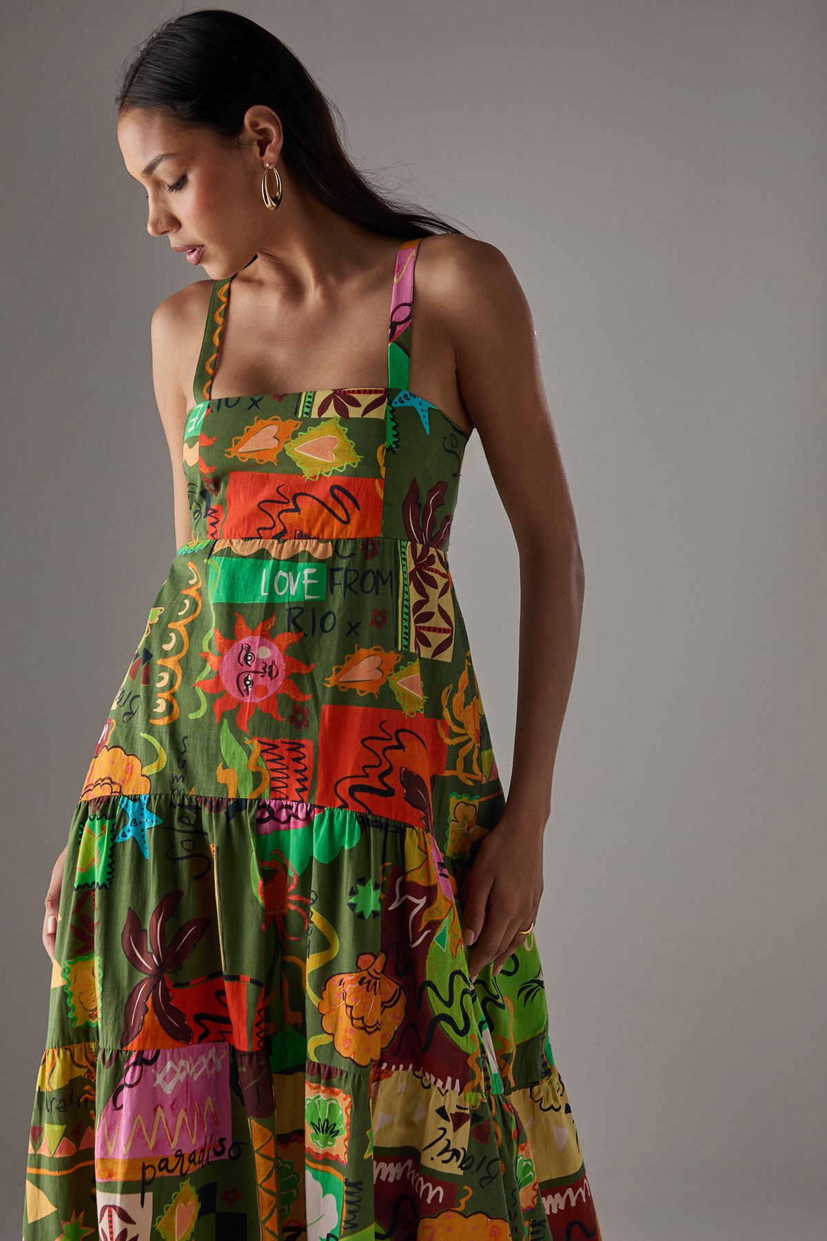 Warehouse HCD Cotton Strappy Tie Back Tier Midi Sundress Multi image 4