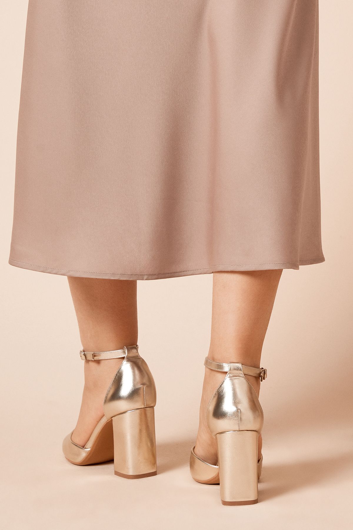 Dorothy Perkins Blanche Ankle Strap Pointed High Block Heel Court Shoes Gold image 4