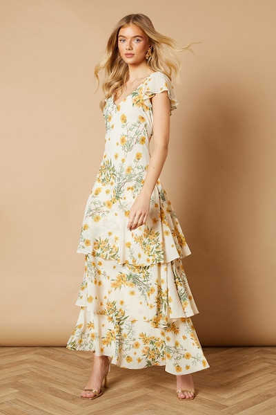 Oasis Floral Printed Chiffon Ruffle Tiered Maxi Dress Ivory