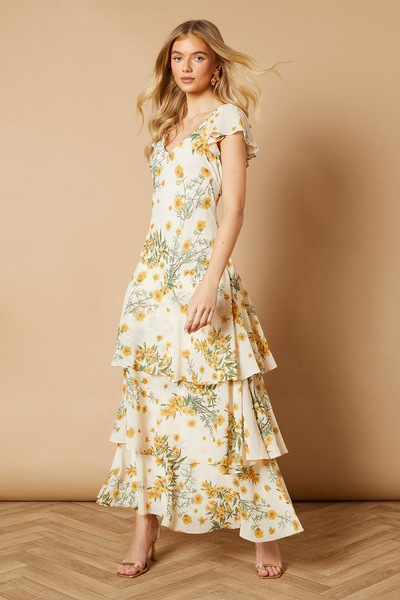 Oasis Floral Printed Chiffon Ruffle Tiered Maxi Dress Ivory