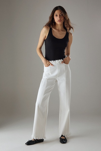 Warehouse Fray Detail Wide Leg Jeans With Seam Detailing Ecru