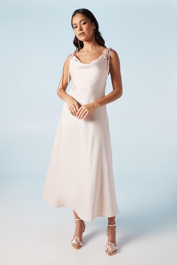 Oasis Spaghetti Strap Cowl Front Bridesmaids Midi Dress Blush