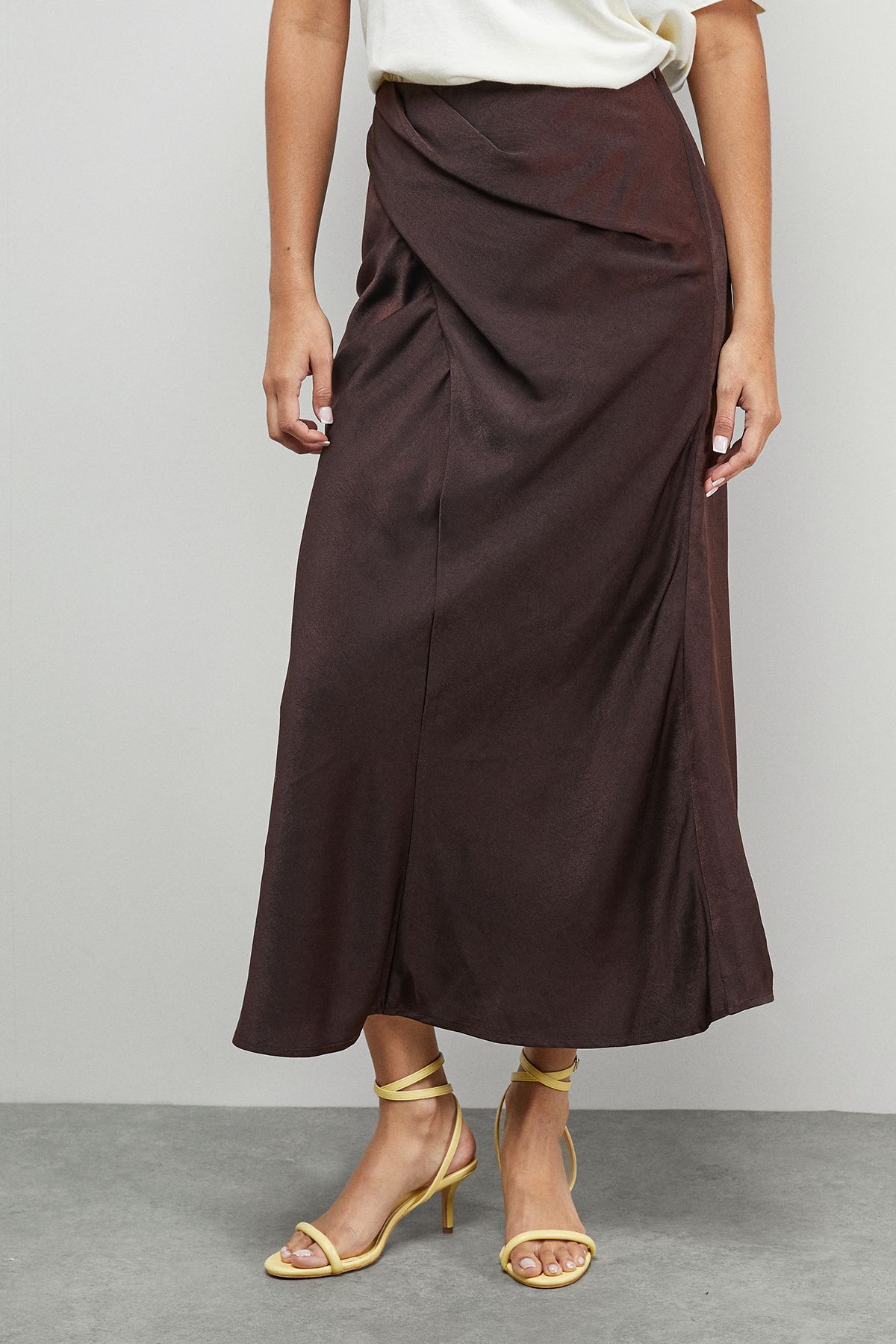 Warehouse Crushed Satin Drape Front Bias Midi Skirt Chocolate
