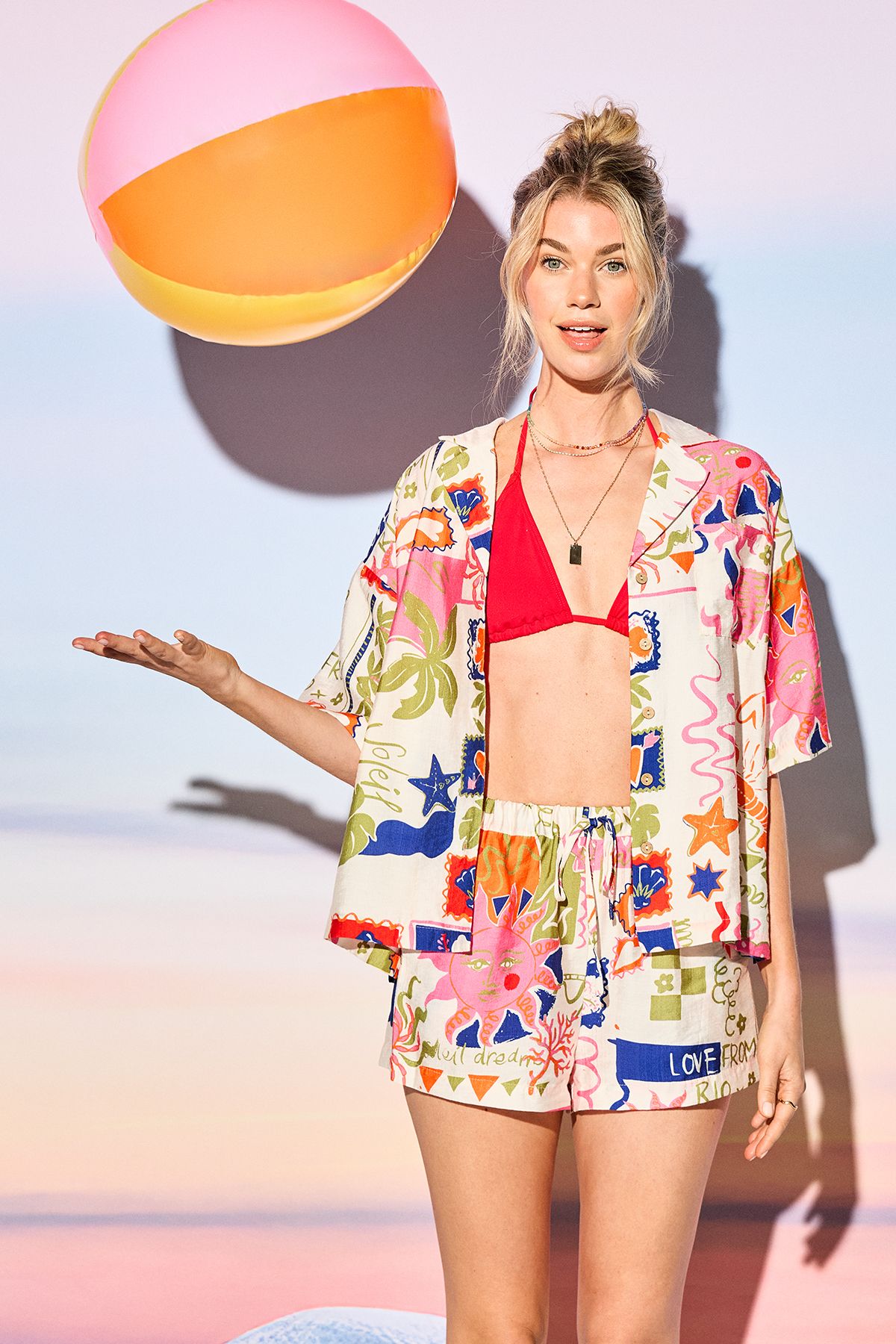 Warehouse HCD Postcard Print Drawstring Waist Shorts Multi image 1