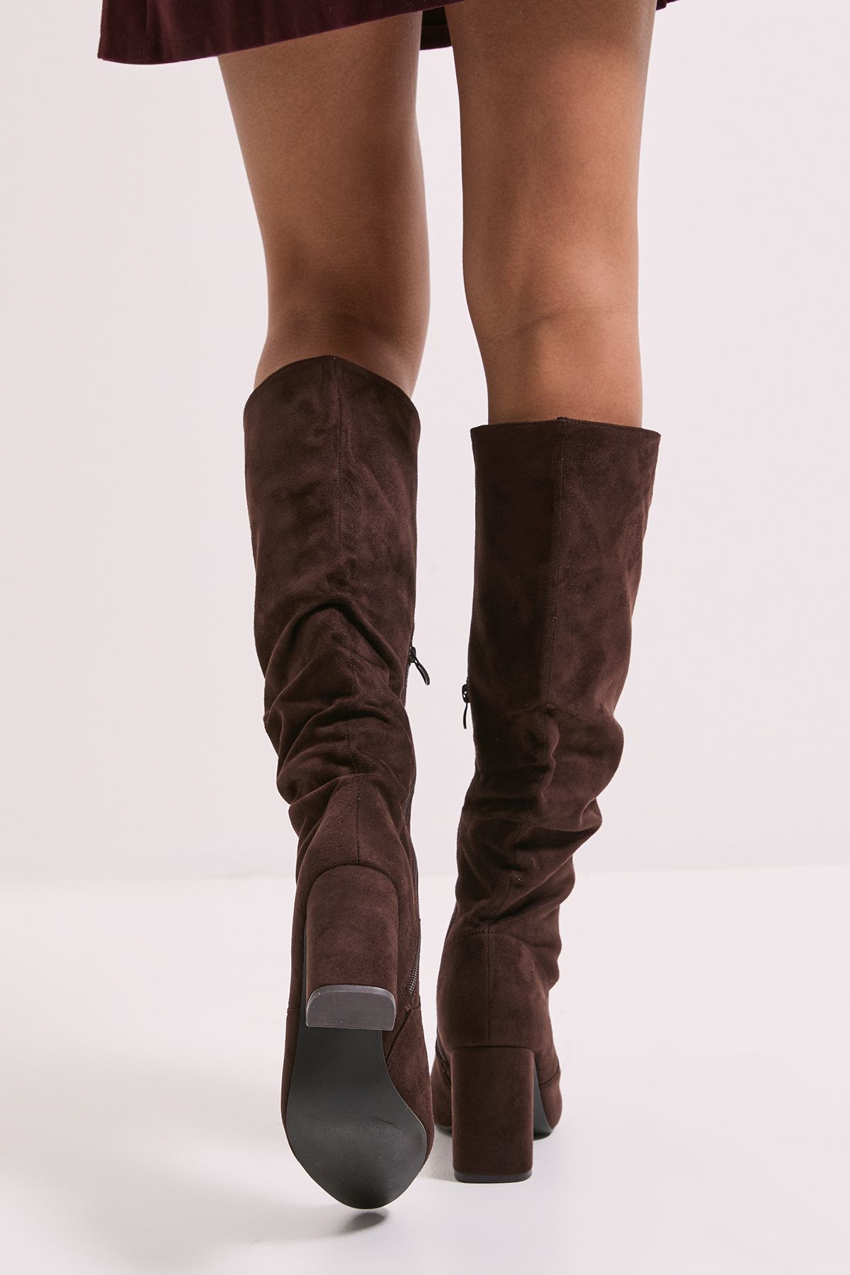 Dorothy Perkins Wide Fit Keris Faux Suede High Block Heel Ruched Knee High Boots Brown image 3